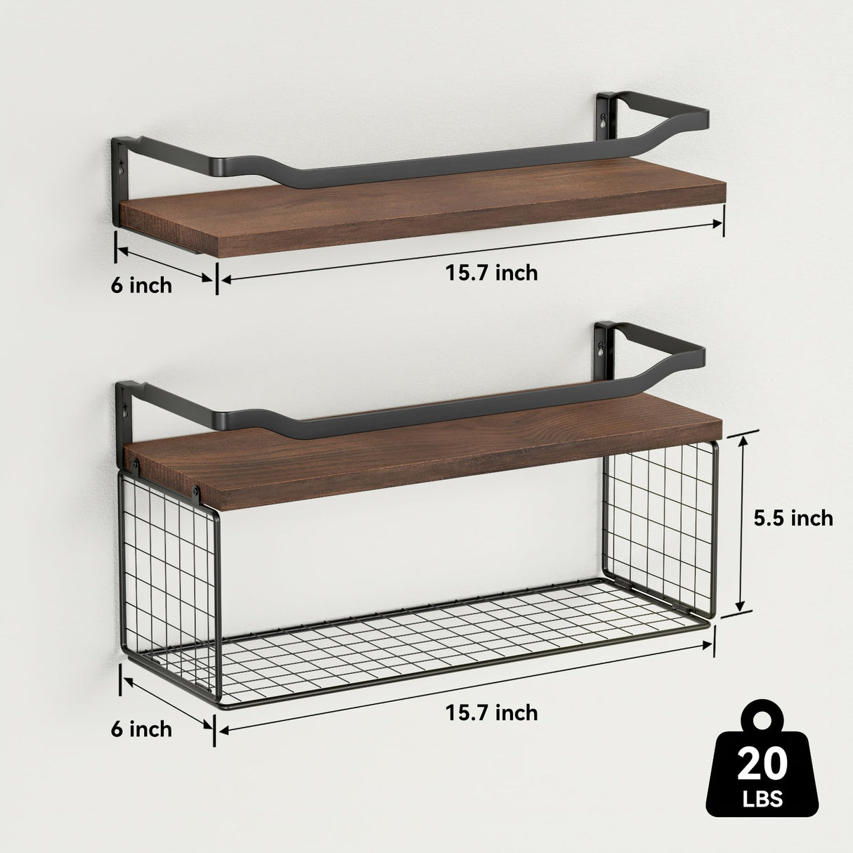 WOPITUES Floating Shelves with Wire Storage Basket, Bathroom Shelves Over Toilet with Protective Metal Guardrail, Wood Wall Shelves for Bathroom, Bedroom, Living Room, Toilet Paper- Dark Brown WOPITUES
