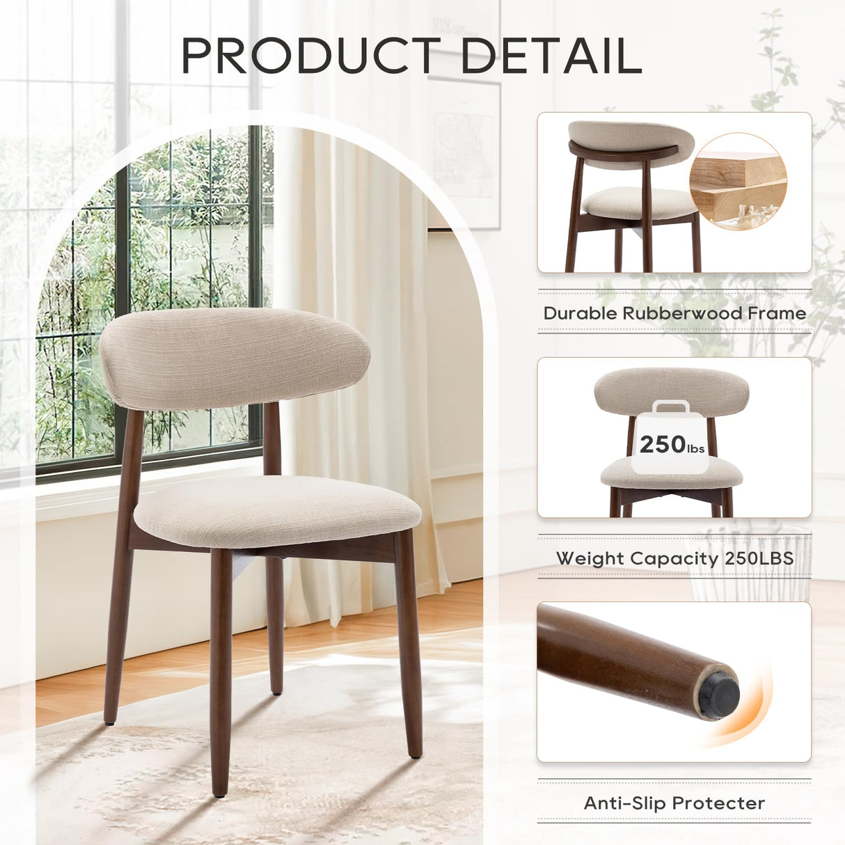 COLAMY Wooden Dining Chairs Set of 6, Modern Fabric Upholstered Dining Room Chair, Farmhouse Kitchen Side Chairs with Foot Pegs, Beige COLAMY