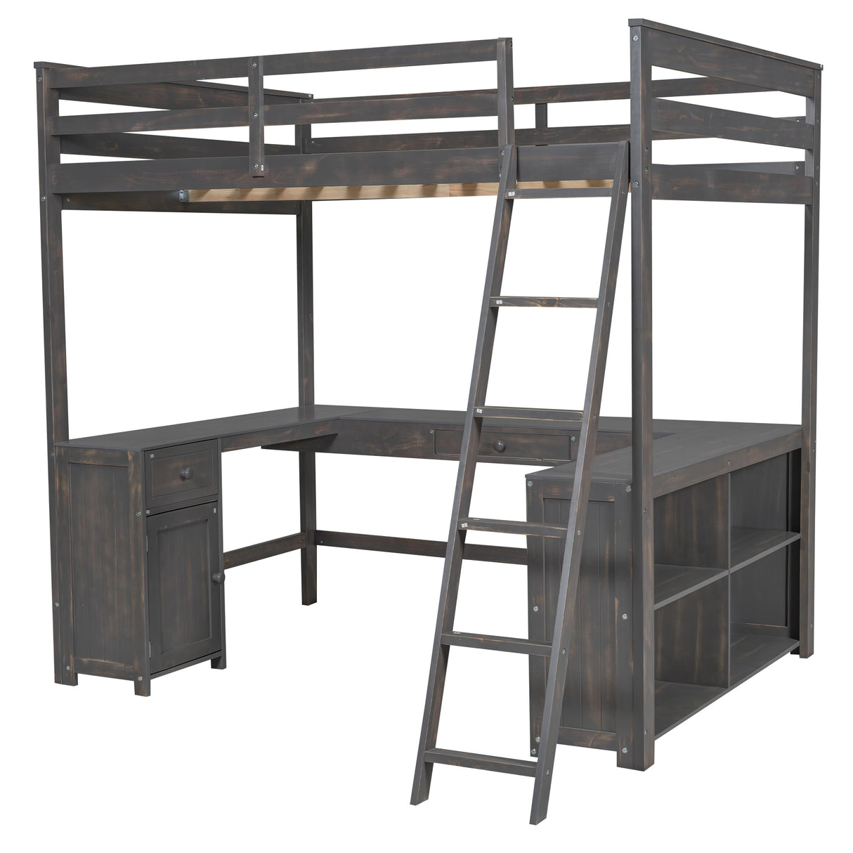 Harper & Bright Designs Antique Brown Full Size Loft Bed with U-Shaped Desk and Ample Storage Harper & Bright Designs