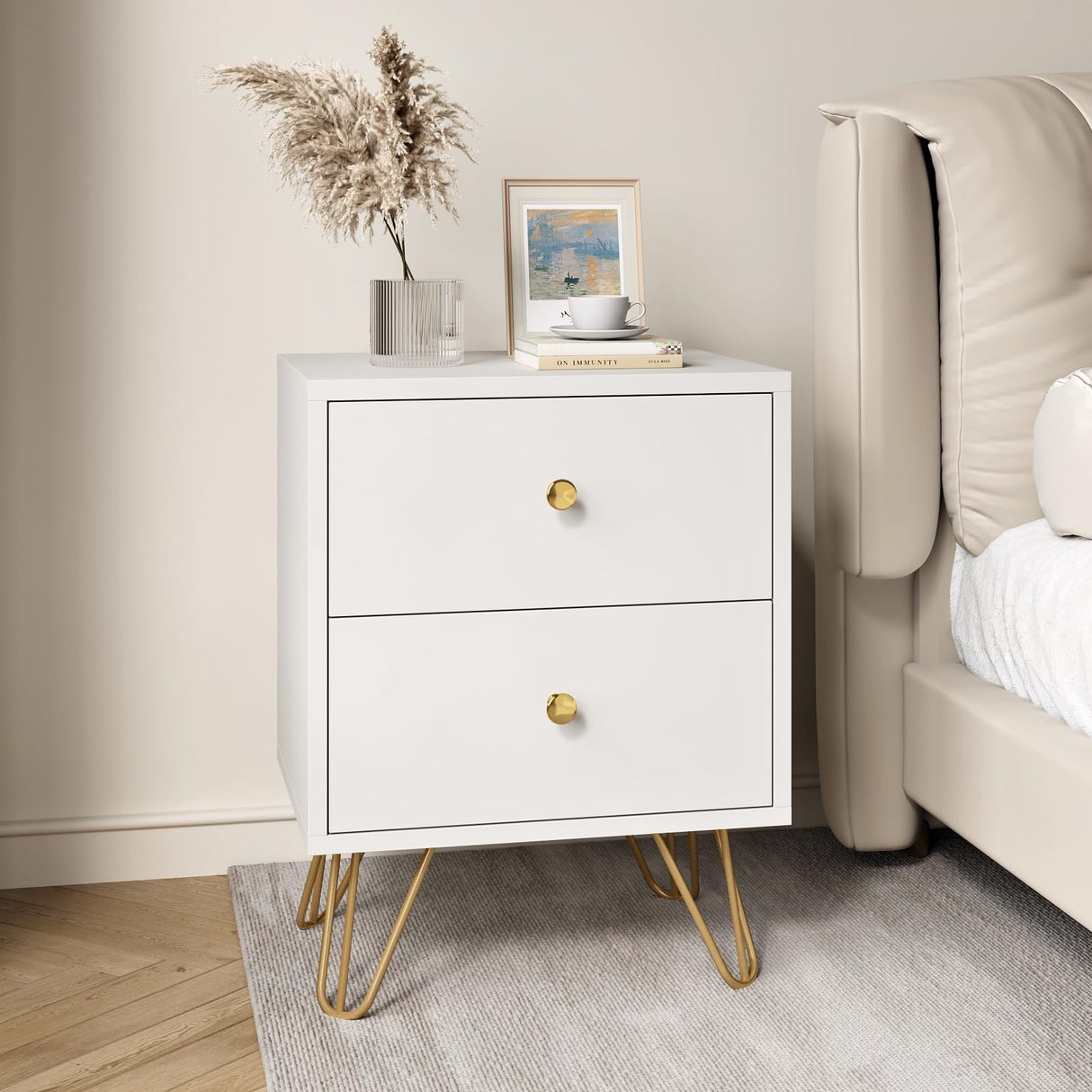 Tradare 7 Drawer Dresser and Night Stand Sets for Bedroom, Two Drawers Nightstand Set of 2 & 7 Drawer Dresser with Gold Handle, Modern White and Gold Dresser Set Tradare