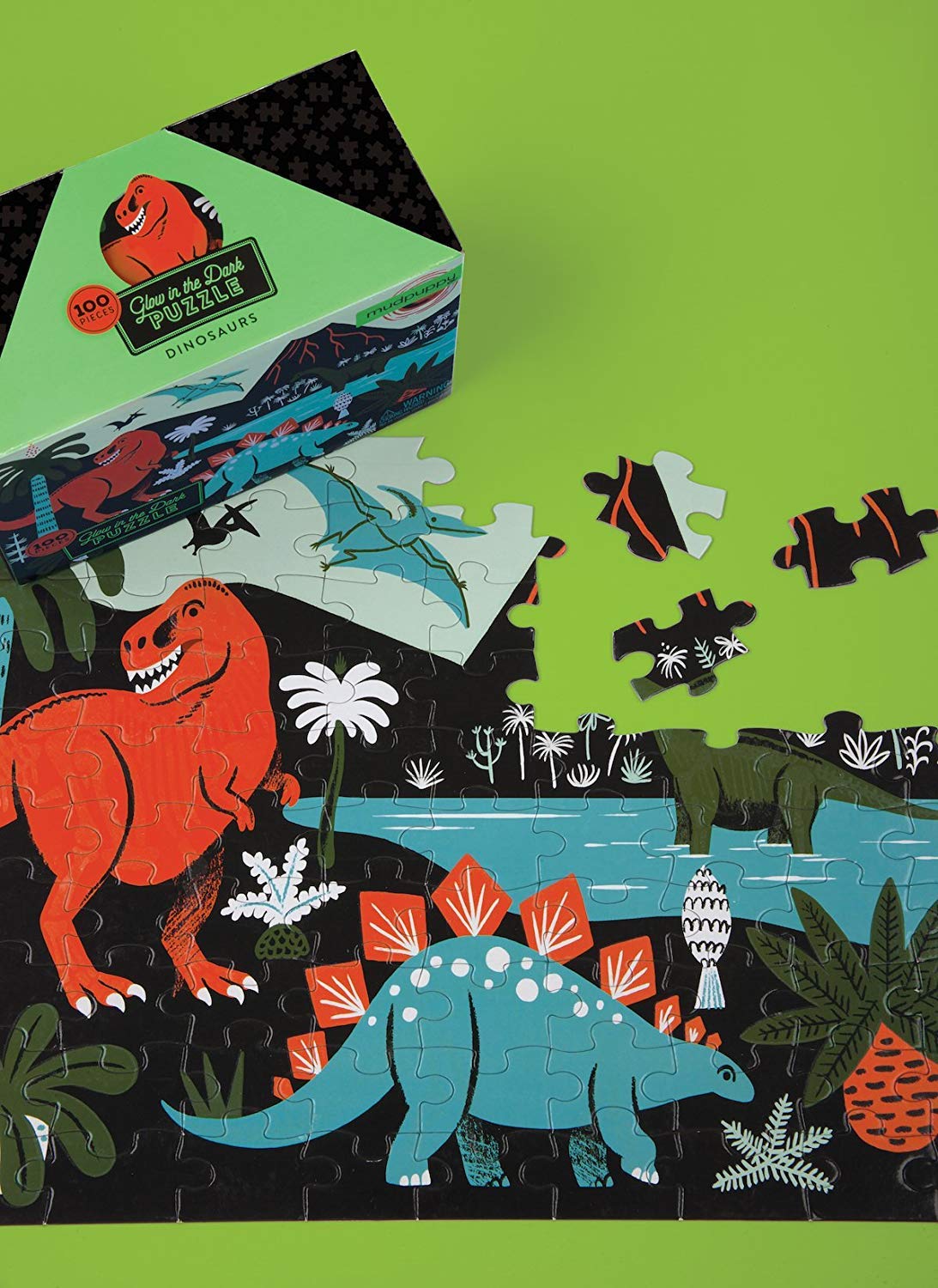 Mudpuppy Dinosaur Glow-in-the-Dark Puzzle, 100 Pieces, 18”x12” –Perfect for Kids Age 5+ - Colorful and Glowing Illustrations of Dinosaurs and Prehistoric Life - Award-Winning Glow in the Dark Puzzle Mudpuppy