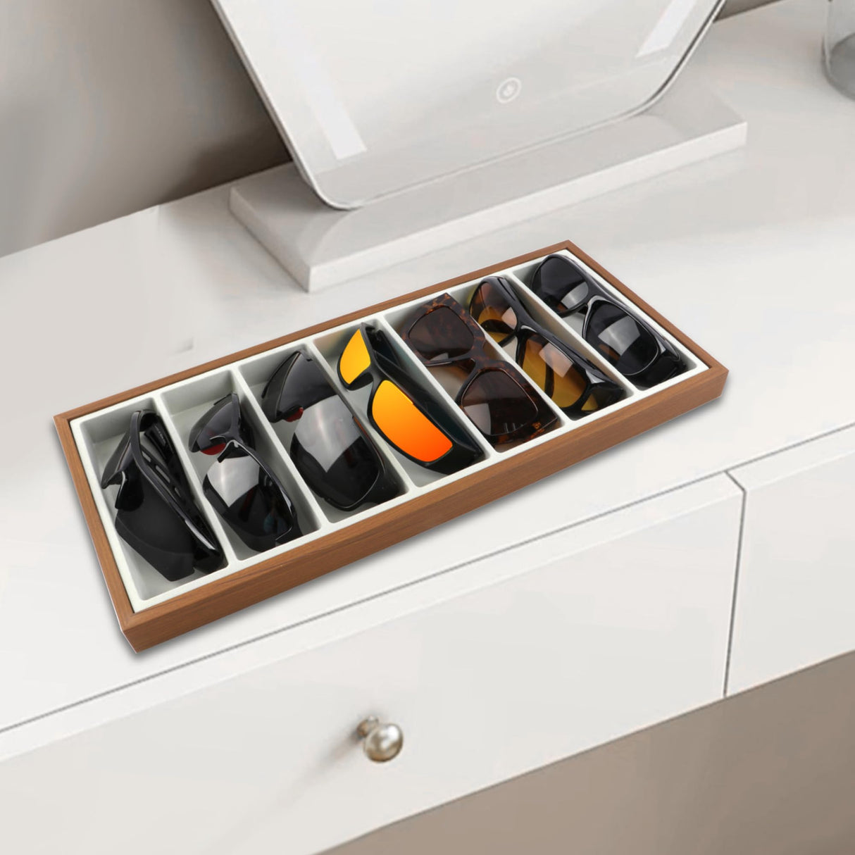 Homeanda Wooden Sunglasses Organizer Tray, Eyeglasses Display Case, Sun Glasses Storage Box, Eyewear Jewelry Tray, Wood Frame Glasses Holder (7 Grids) Homeanda