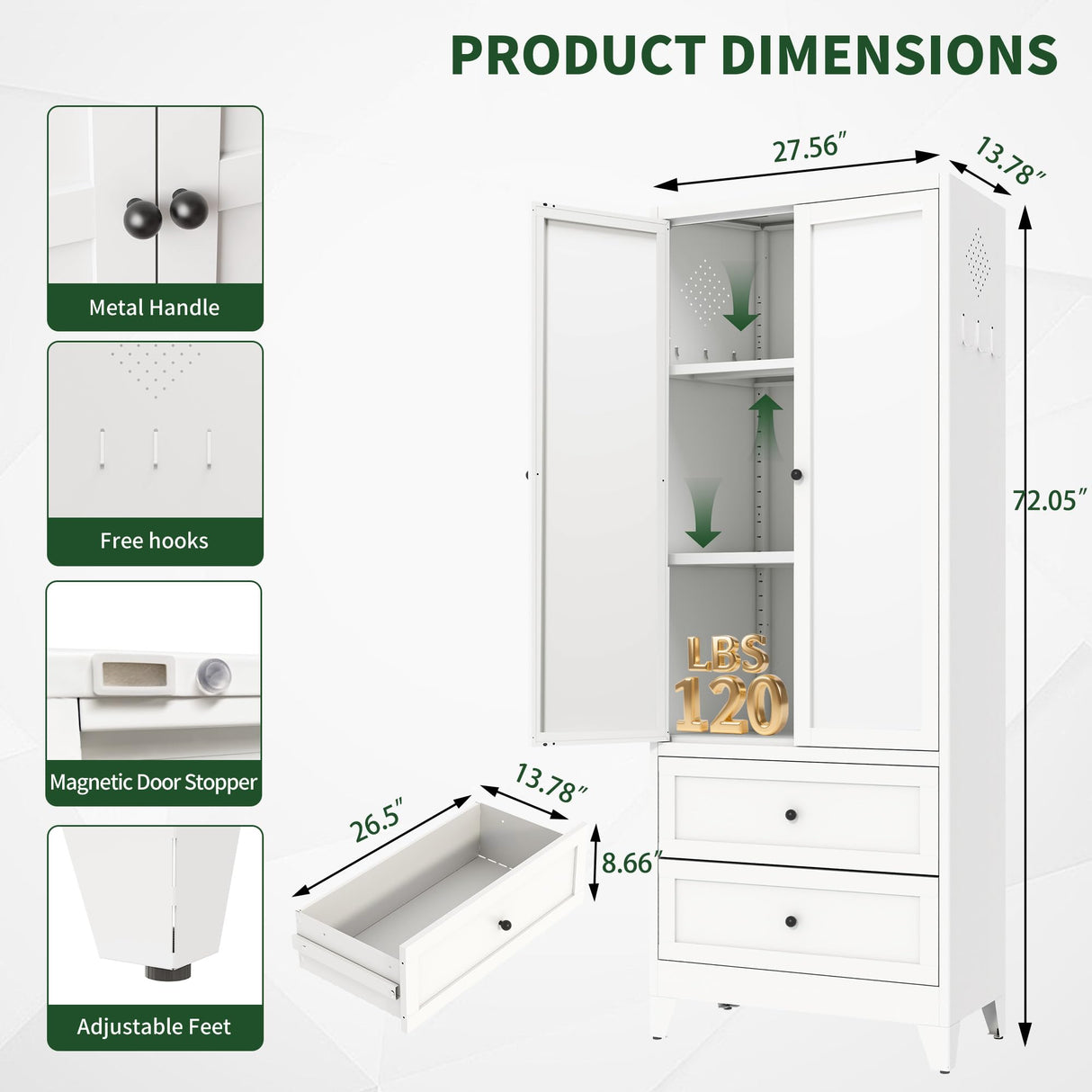 VIYET 72" Tall Kitchen Pantry Cabinet,White Metal Pantry Cabinet with 2 Drawers & 2 Adjustable Shelves,Utility Storage Cabinet Rust-Resistant for Living Room,Dining Room,Bathroom,Garage,Basement VIYET
