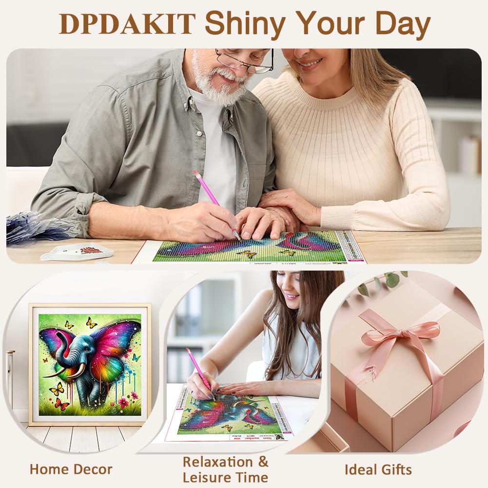 DPDAKIT Diamond Art Kits for Adults, Animal Elephant Diamond Painting Kits for Beginner, 5D DIY Butterfly Round Full Gem Art Crafts for Home Wall Decor Gift, 12x12inch DPDAKIT