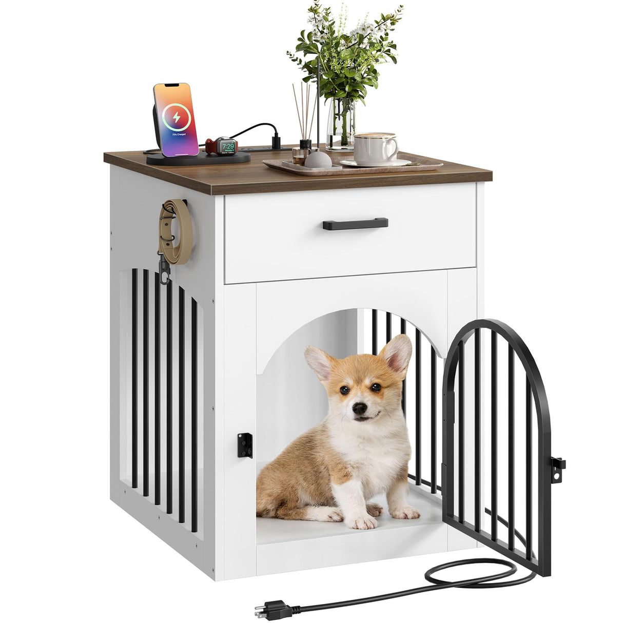 CHOEZON Dog Crate Furniture, Wooden Dog House with Charging Station and Storage Drawer, Indoor Pet Crate End Table for Small Breeds, for Living Room, Bedroom, White and Walnut MGW01UWL CHOEZON