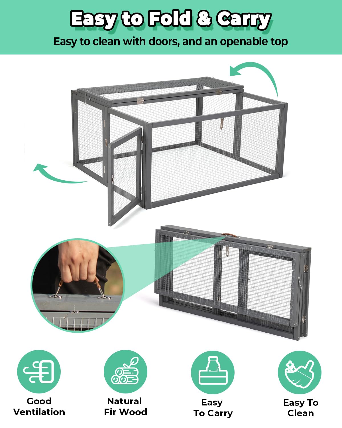 COZIWOW Chicken Coop Run Rabbit Hutch, Portable Chicken Cage Pens with Top & Side Opening Doors, Folding Wooden Chicken Coop, Outdoor Indoor Small Animal Playpen, Chicken Brooder Box, 45.3Inch (Grey) COZIWOW