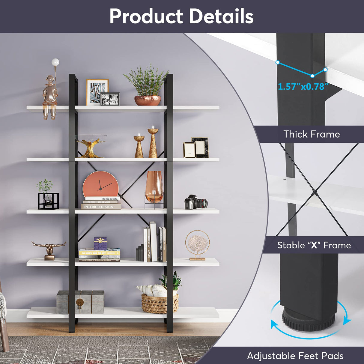 Vintage Industrial 5-Tier Bookshelf by Tribesigns - Extra Large White Bookcase for Stylish Storage Tribesigns