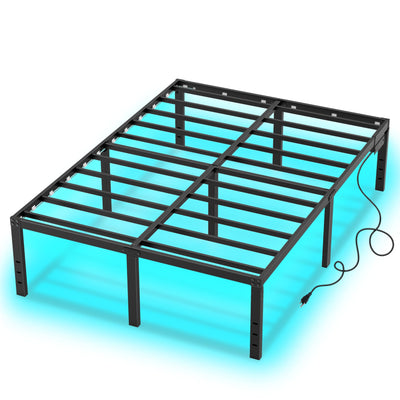 HusDream Queen Bed Frame Led Metal Platform Bed Frame Queen Size with Lights 14” Heavy Duty Bed Frame Lights Queen with Charging Station no Box Spring Needed(14 Inch, Queen (U.S. Standard))