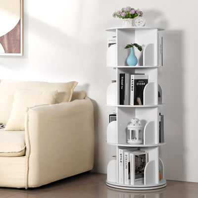 Rengue Rotating Bookshelf Tower, 4 Tiers 360 Spinning Bookshelf Revolving Bookcase Corner Bookshelf Organizer Display Bookshelf for Small Space, Bedroom, Living Room, Office, White