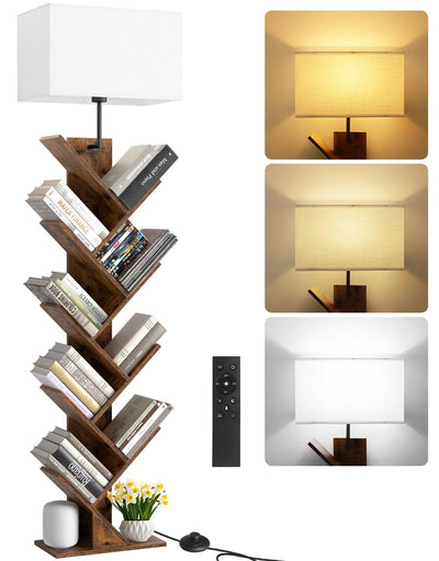 OUTONLIFE 9 Tier Tree Bookshelf with Light, Remote & Timer, Modern Tall Floor Standing Book Shelf, Narrow Wood Bookcase, Small Book Organizer Shelves for Living Room, Bedroom, Office (Rustic Brown)