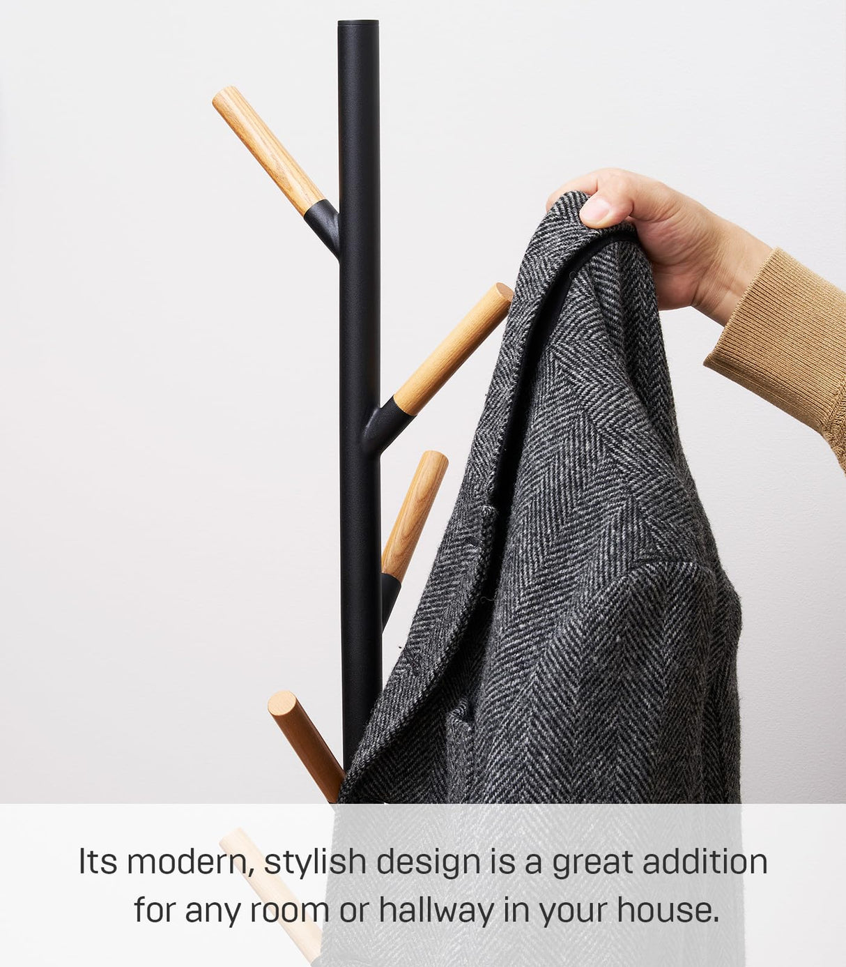 Yamazaki Home Plain Freestanding Coat Hanger Rack With Wooden Hooks, Space Saving, 70" - Steel YAMAZAKI
