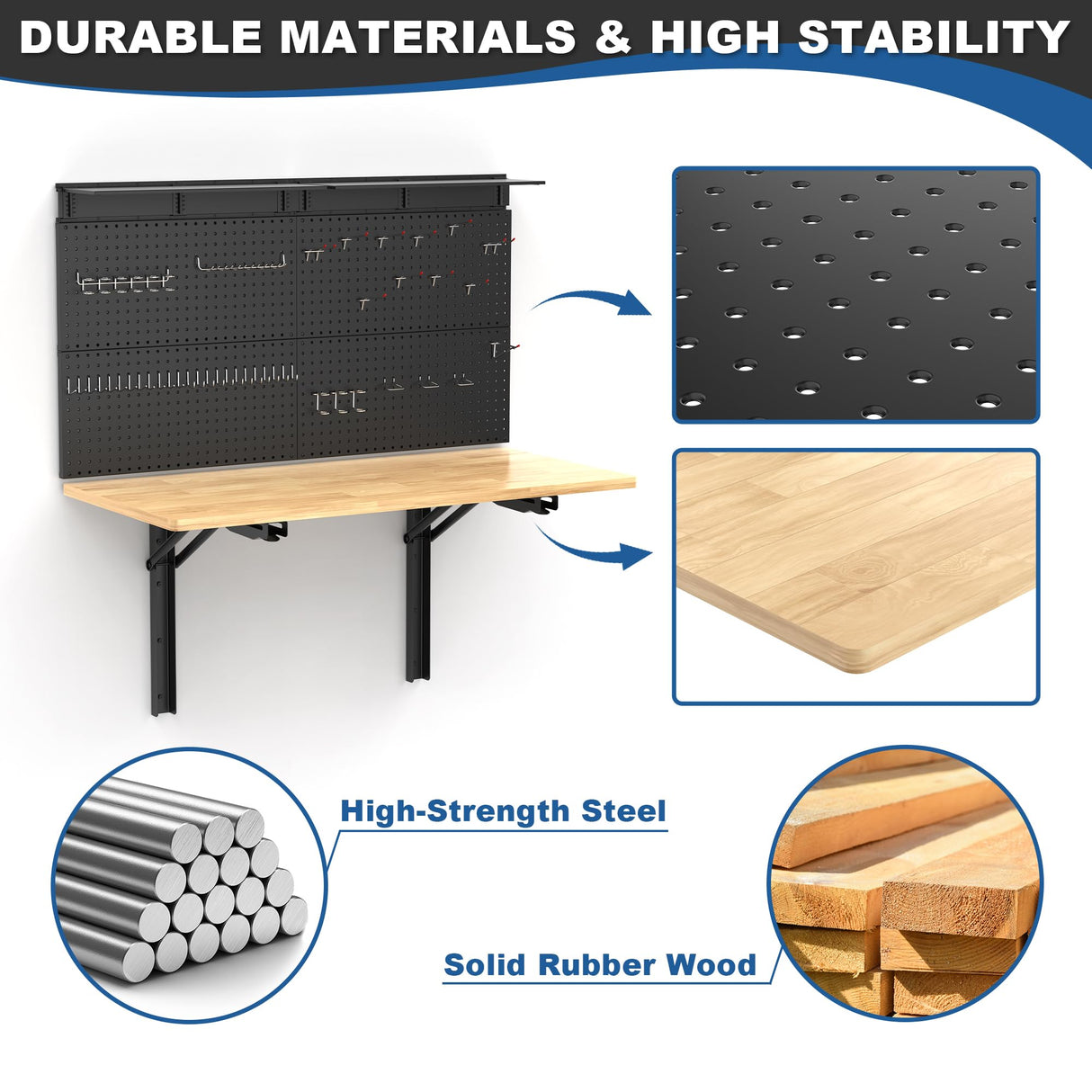 Ultrawall Wall Mounted Workbench with Pegboard, Folding Down Work Table Metal Pegboard Wall Organizer for Garage, Workshop, 48”X24” Ultrawall