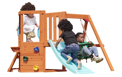 Dolphin Playground 5-in-1 Toddler Swing Sets for Backyard, Toddler Outdoor Playset with Baby Swing, Table, Blackboard, Kid Slide, Rock Climbing Wall, Playground Sets for Backyards Ages 18 mo to 4 yrs