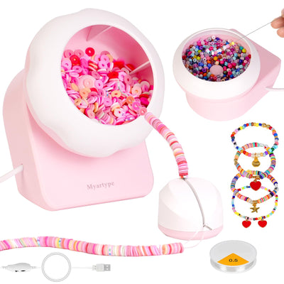 Myartype Clay Bead Spinner and Seed Bead Spinner, 2-in-1 Electric Bead Spinner for Jewelry Making, Bracelet Spinner and Necklace Making Machine with Needles and Thread (Pink), (Beads Not Included)