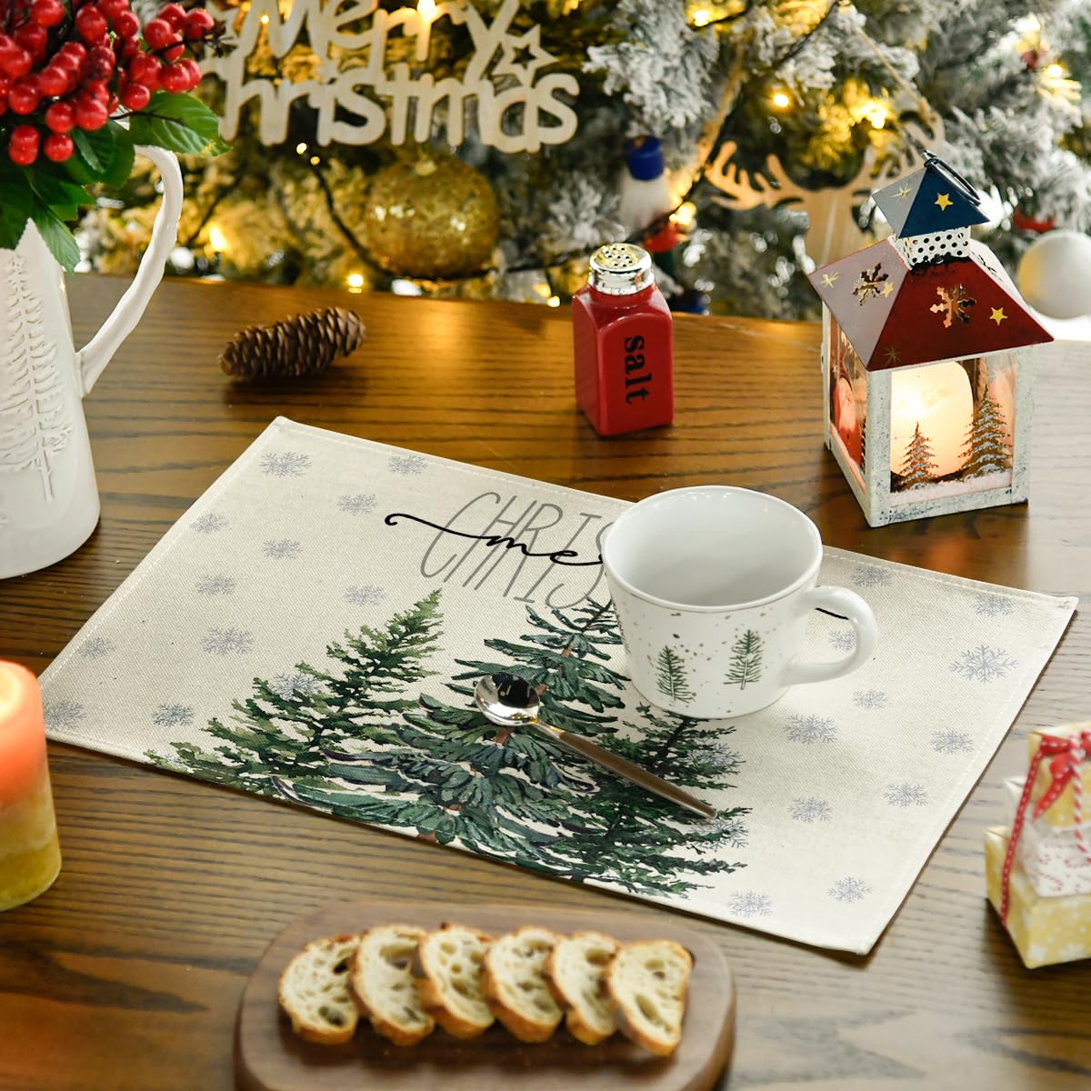 Artoid Mode Beige Pine Tree Snowflake Merry Christmas Placemats Set of 4, 12x18 Inch Seasonal Winter Xmas Holiday Table Mats for Party Kitchen Dining Decoration Artoid Mode