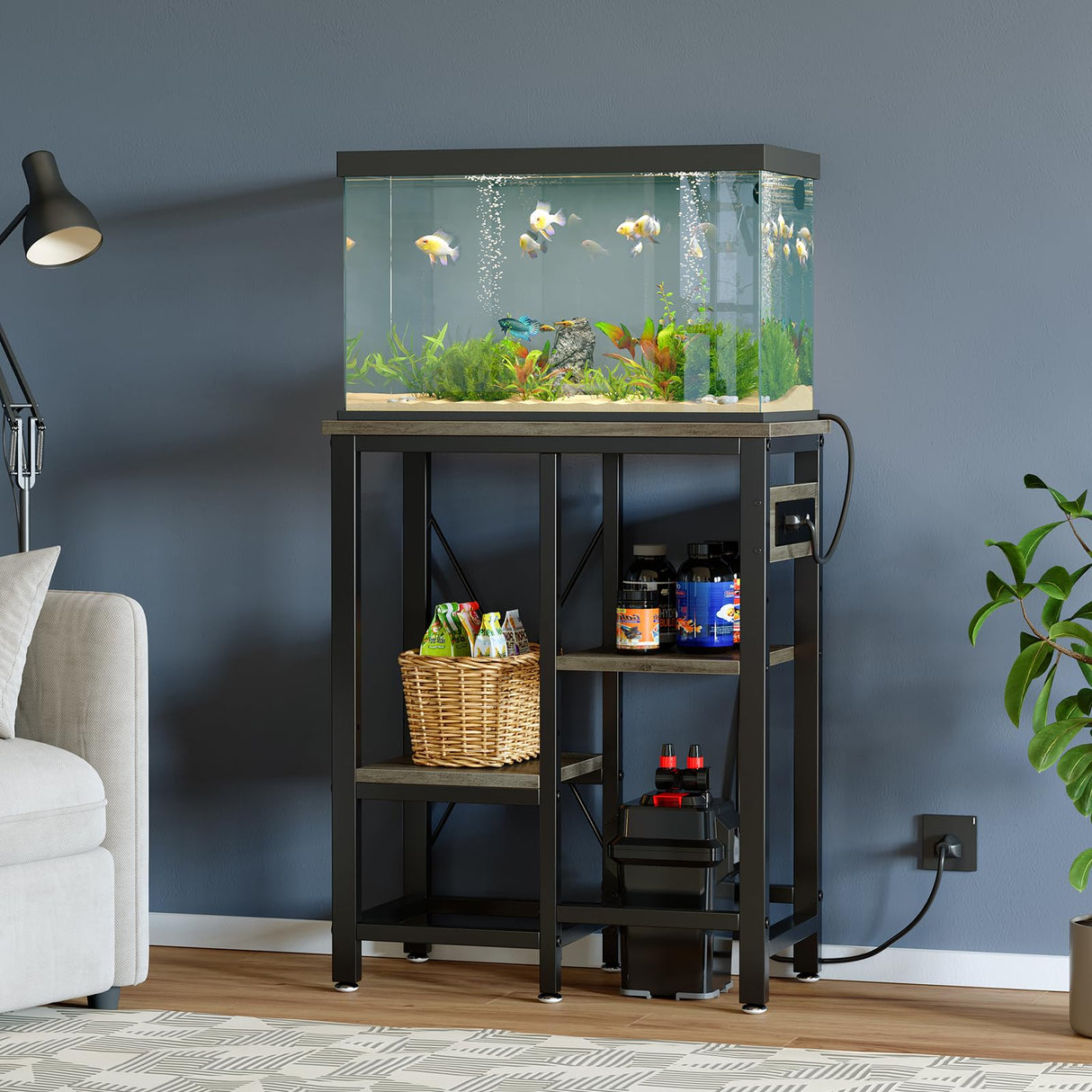 Becuddler 10 Gallon Fish Tank Stand with Charging Station, 20 x10 Metal Aquarium Stand with 3-Tiers Adjustable Storage Shelves, 6-Legs Reptile Terrarium Stand, 264 LBs Becuddler