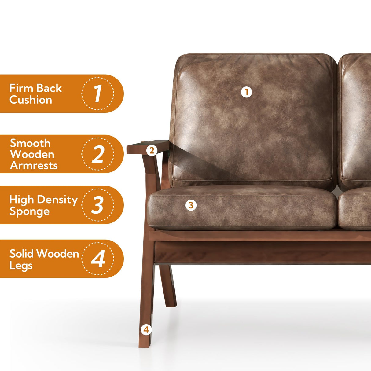 Bonzy Home 51.6" Loveseat Sofa Mid-Century Faux Leather Accent Chair, Upholstered 2-Seat Couch Loveseat with Solid Wood Frame and Cushions, Small Sofa Couch for Living Room, Bedroom,Retro Brown Bonzy Home