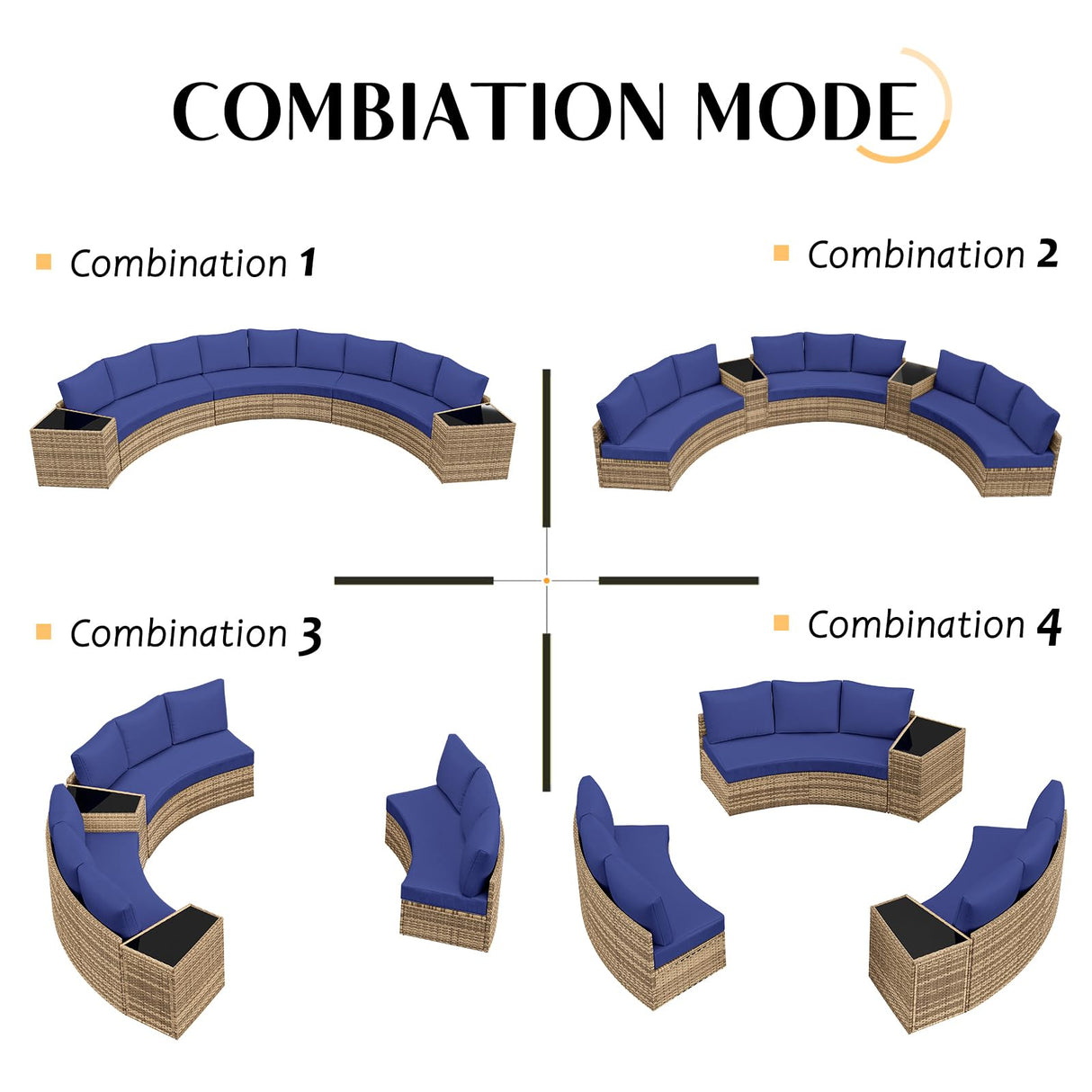 PaPaJet 11-Piece Patio Furniture Set, Half-Moon Outdoor Wicker Sectional Sofa with Large Storage Wedge Table, All-Weather Wicker Conversation Set for Backyard, Garden, or Deck, Blue PaPaJet