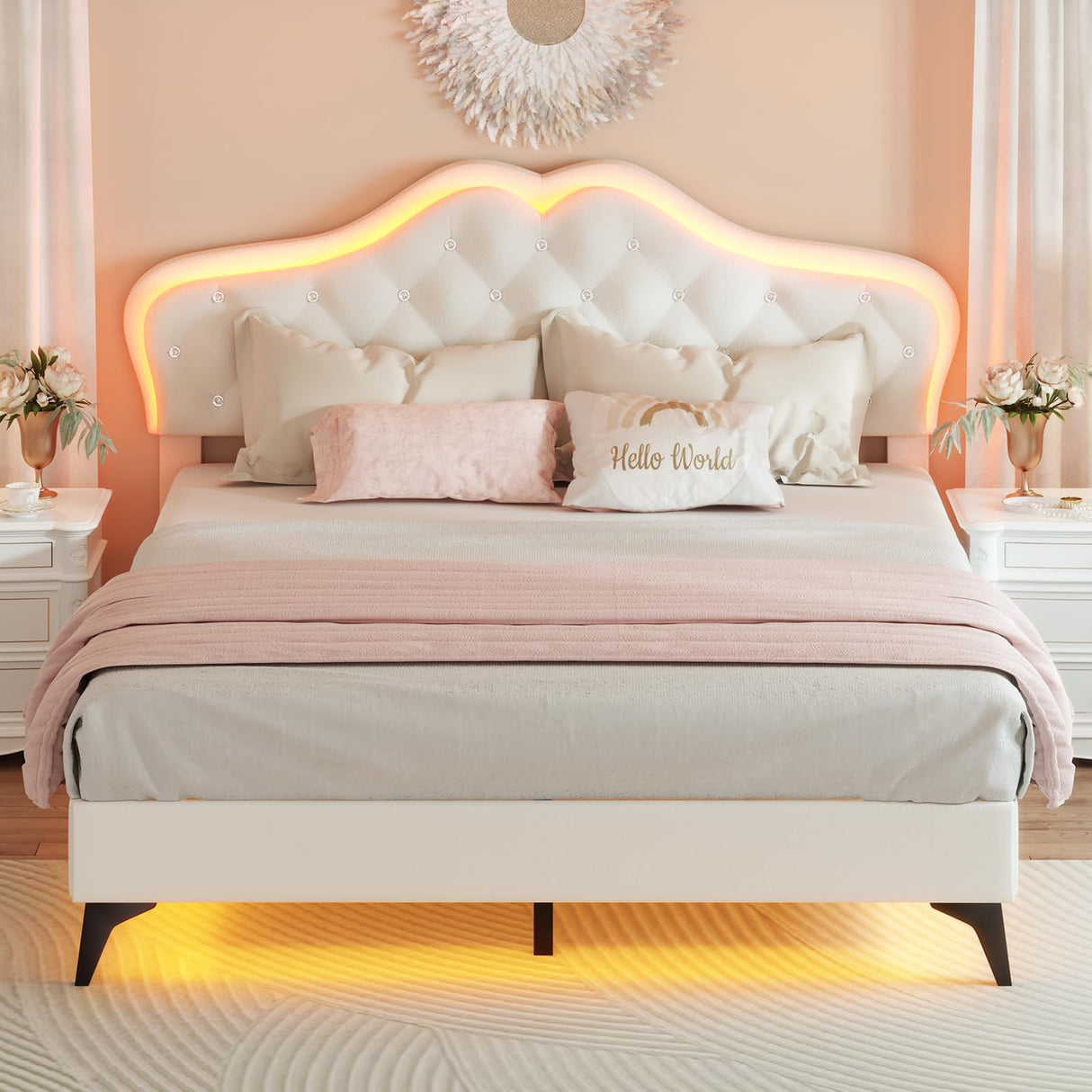 BTHFST Beige Princess Upholstered Bed Frame with LED Lights and Adjustable Headboard BTHFST