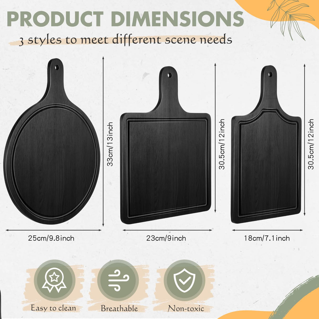 Geetery 3 Packs 12 Inch Black Wood Chopping Boards with Handle and Deep Juice Groove Small Bamboo Wooden Pizza Paddle Serving Boards Tray Charcuterie Geetery