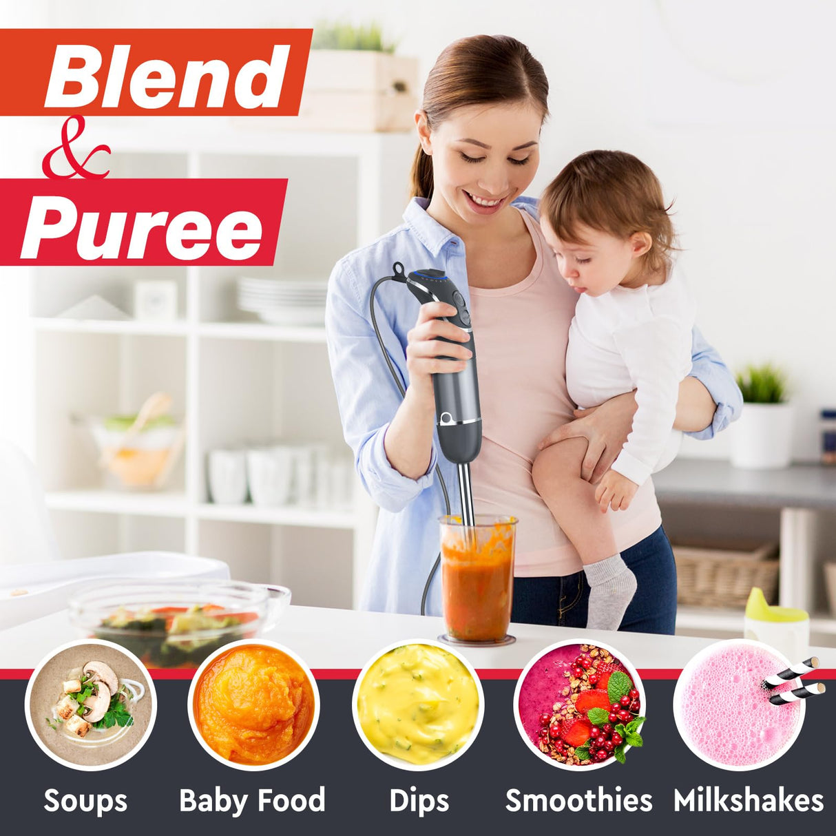 Mueller Multistick 800W 4-in-1 Immersion Blender Handheld, 12 Speed Hand Mixer - Turbo Boost, Heaviest Duty Copper Motor, Titanium Blades Hand Blender, Milk Frother Wand, Whisk, Beaker, Chopper, Grey Mueller