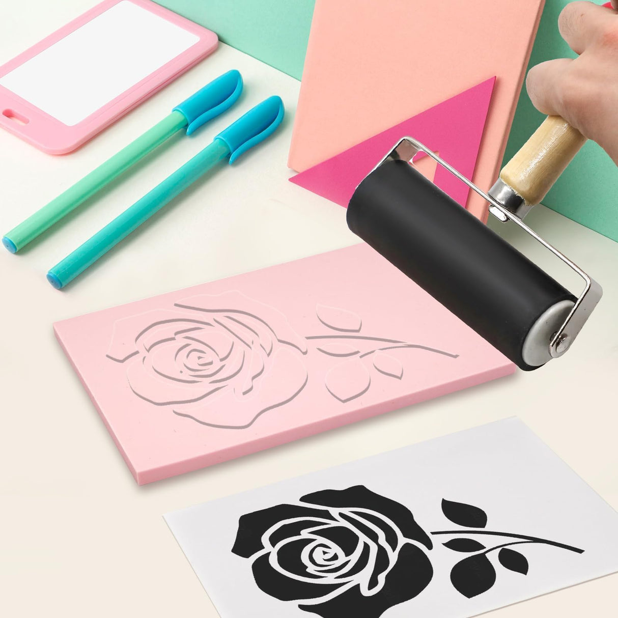 5 Pack 4x6 Pale Pink Rubber Stamp Carving Blocks Linoleum Block with Linoleum Cutter and Rubber Brayer Roller for Stamp Maker Printmaking Supplies Lyzskco