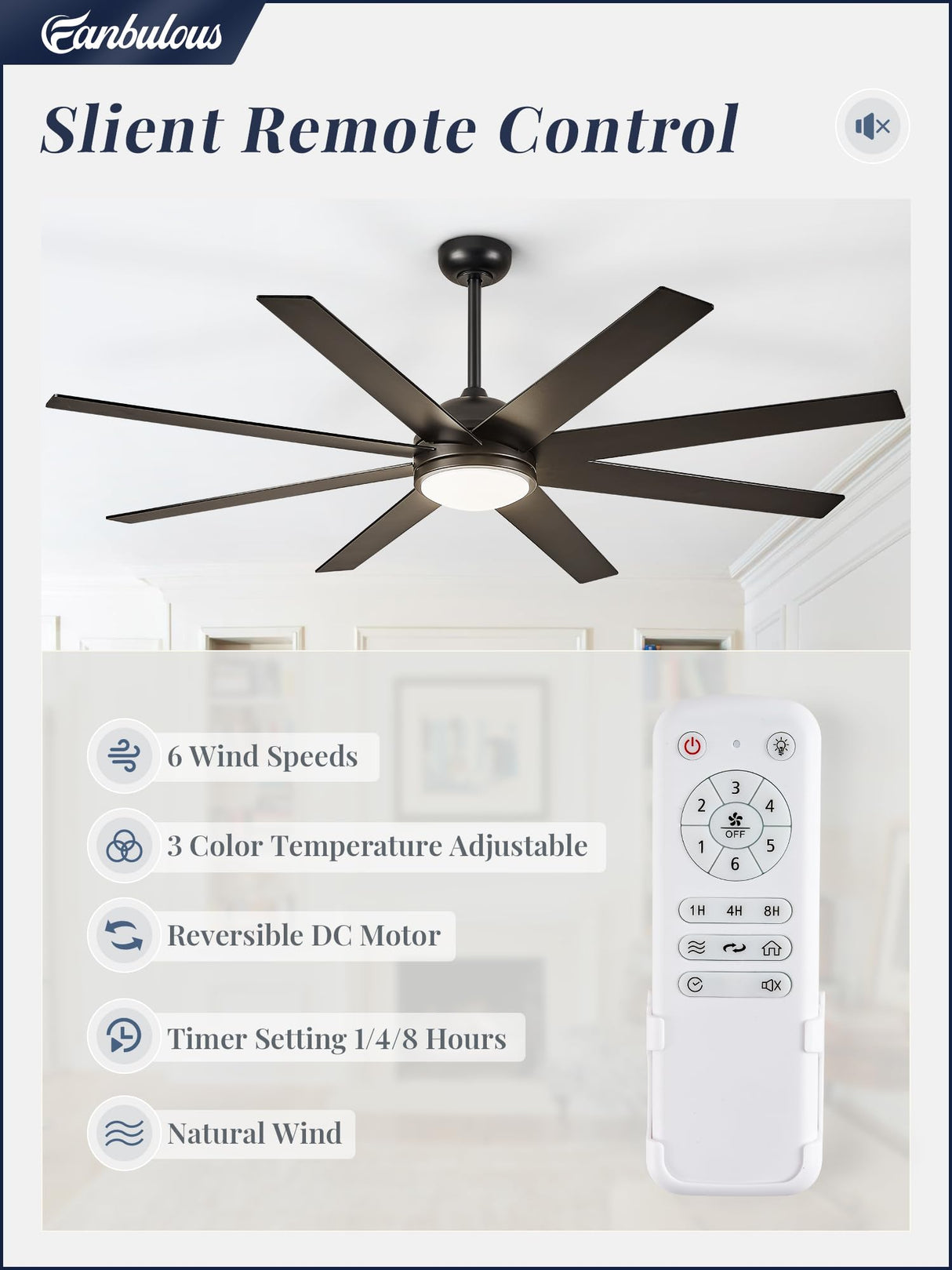 Fanbulous Ceiling Fans with Lights, 72 inch Large Ceiling Fan with Light and Remote, Outdoor Black Ceiling Fan for Living Room Patio, 6 Speeds, Reversible Quiet DC Motor, 3 CCT, Bi-color 8 Blades Fanbulous