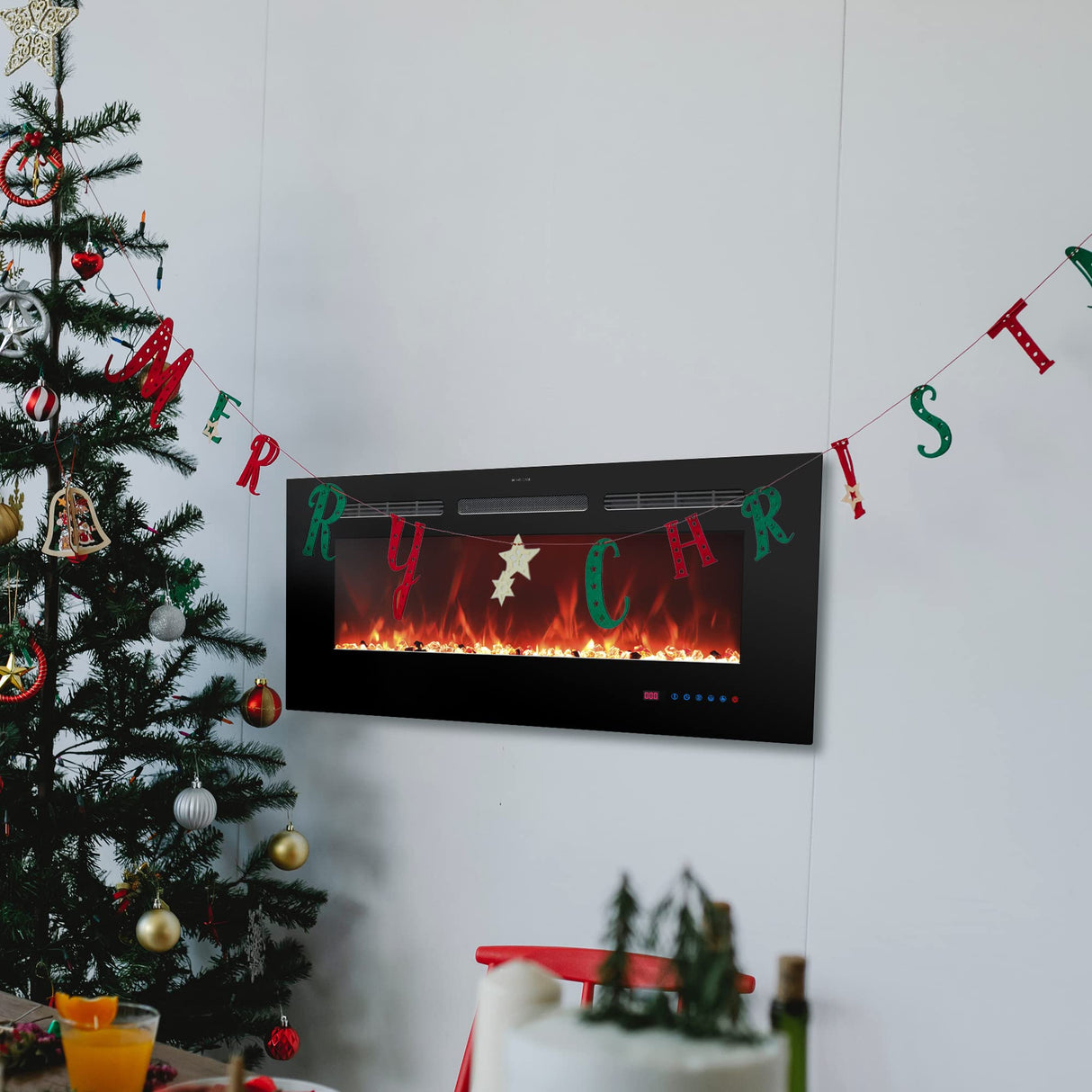 Oxhark Flame Electric Fireplace 60 inch Wide, Wall Mounted Fireplace Inserts Electric Heater, 13 * 13 Flame Effects Like Real Flame, Low Noise, Timer & Thermostat Setting, 750W/1500W, Black Oxhark Flame