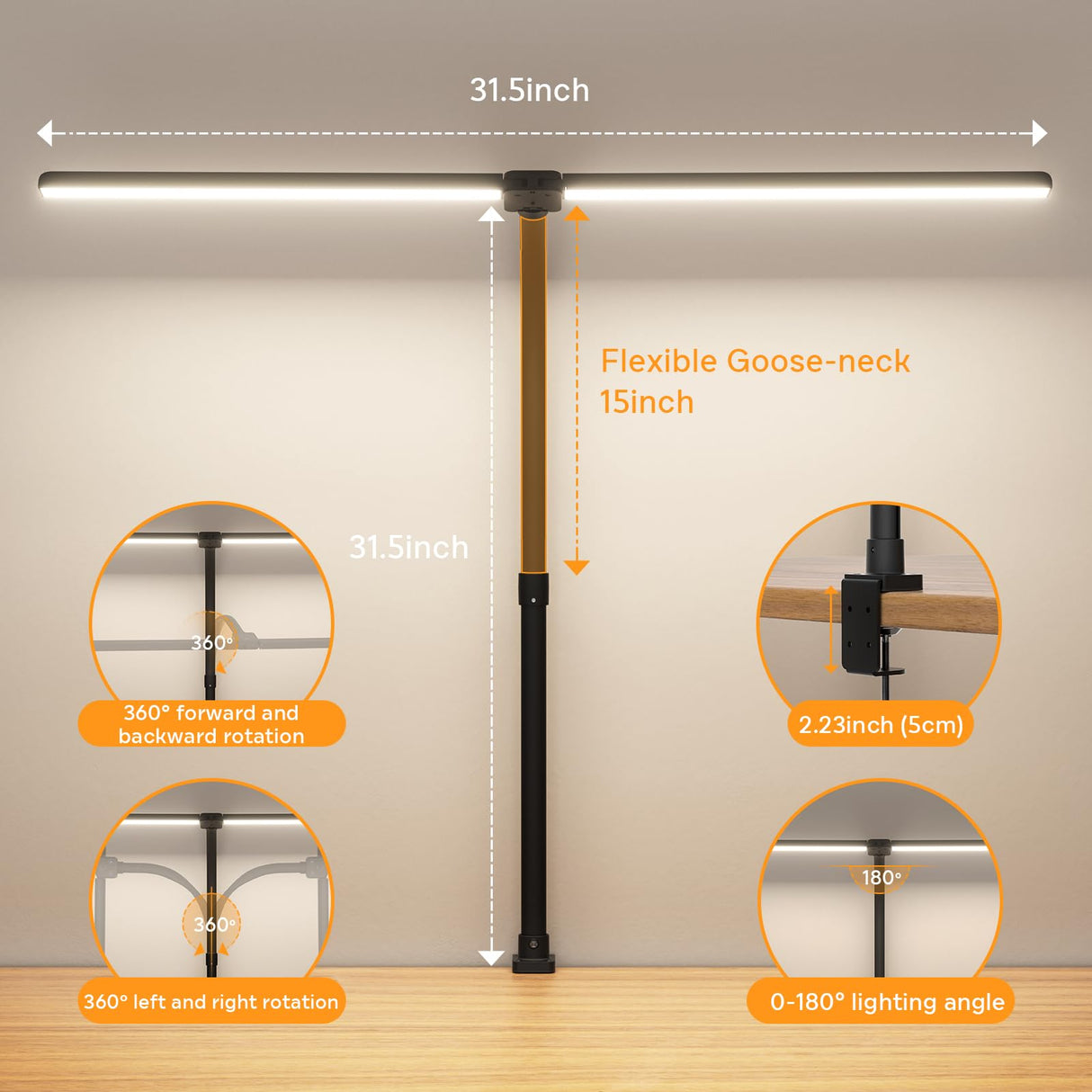 APMIEK LED Desk Lamp for Home Office, Remote Control Computer Desk Light Bright Table Lamp for Study Dimmable Desk Lighting with Clamp Adjustable Gooseneck, Double Head, 24W, Black APMIEK