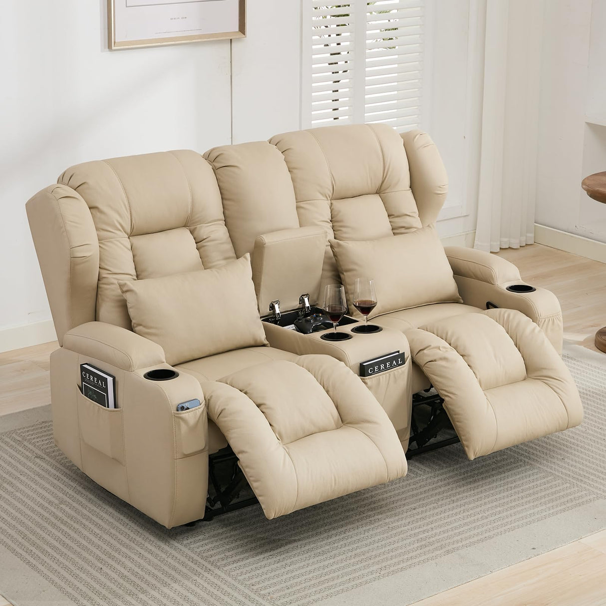 SAMERY 65.5" RV Loveseat Recliner Double Recliner RV Sofa & Console | Wall Hugger Loveseat Reclining RV | RV Theater Seats | RV Couch | RV Home Theater Seating Furniture (Fabric Beige) SAMERY