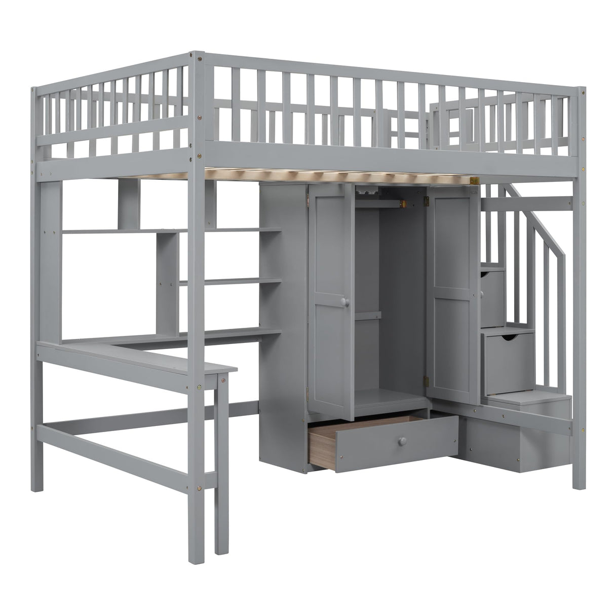 Full Loft Beds Stairway Loft Bed Frame with Wardrobe, Desk, Bookcase and Drawers, Gray Merax