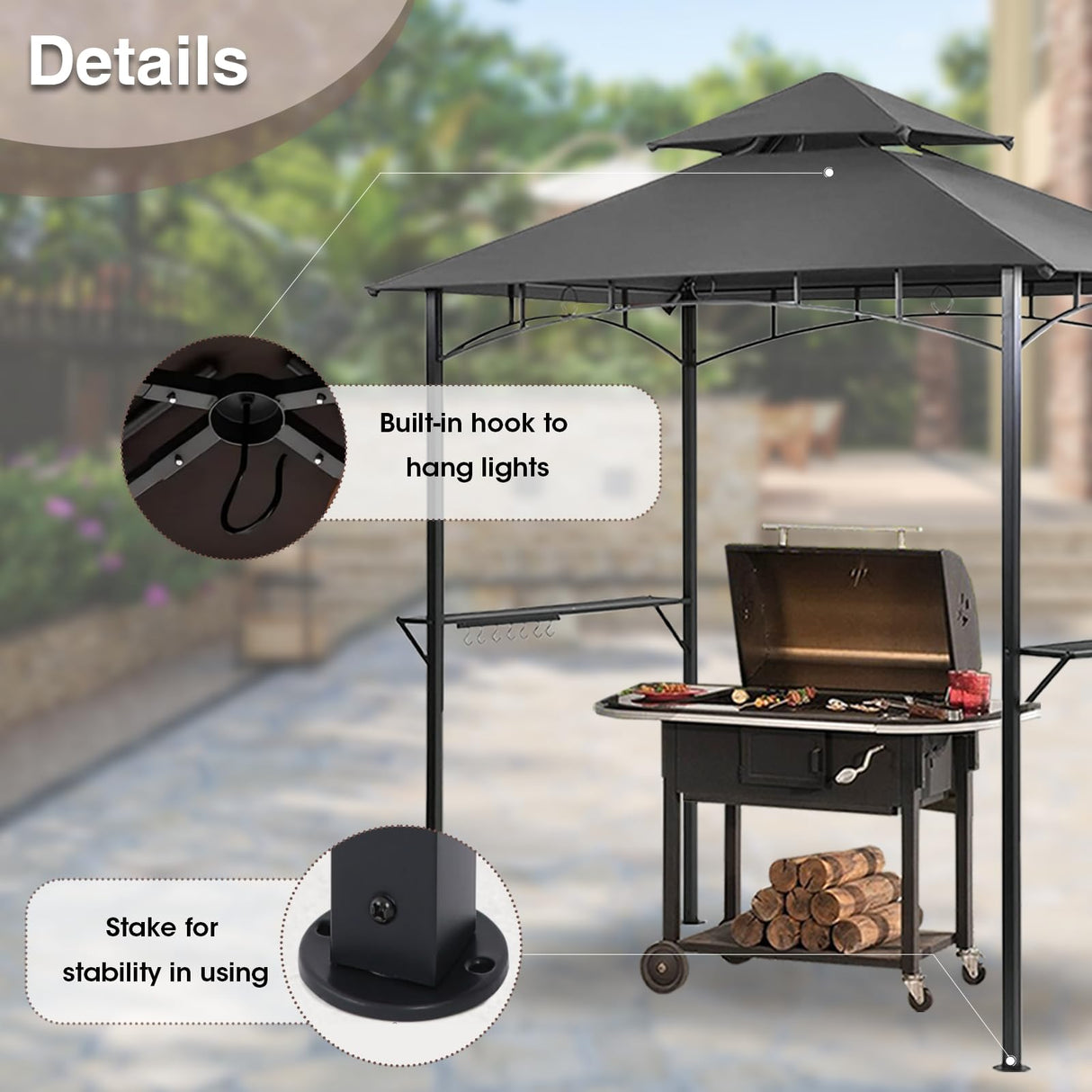 Grill Gazebo 2 Tier BBQ Barbecue Canopy Tent Shelter for Outdoor Patio Backyard (L96 x W60 x H101 Grey) Grezone