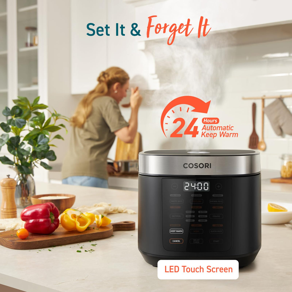 COSORI Rice Cooker 10 Cup, 24h Keep Warm, 18 Functions Fuzzy Logic Rice Maker with Stainless Steel Steamer Basket, Sautรฉ, Slow Cooker, Black COSORI