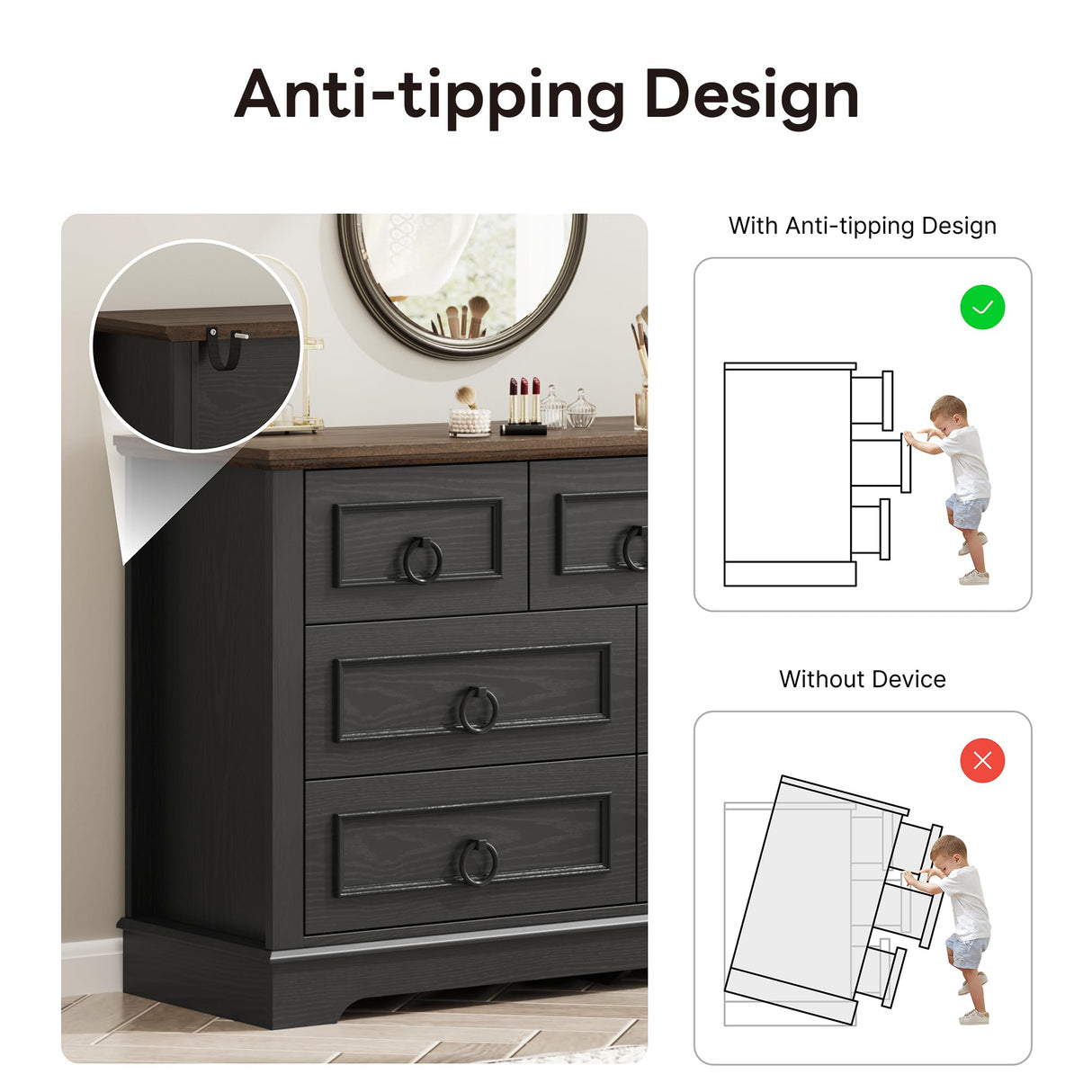 LIKIMIO Farmhouse Dresser for Bedroom with 7 Drawer, 47.2" Wide Wood Rustic Chest of Drawers with Round Metal Handle, Thickened Desktop, Storage Dressers for Bedroom, Hallway, Entryway, Black LIKIMIO