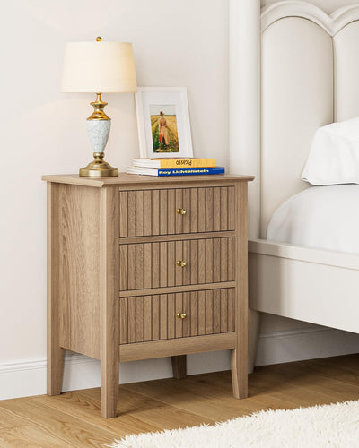 Apetaccat Fluted Nightstand, Farmhouse Night Stand with 3 Drawers, Mid Century Modern Side Accent Table,Bedside End Table for Bedroom, Living Room, Natural