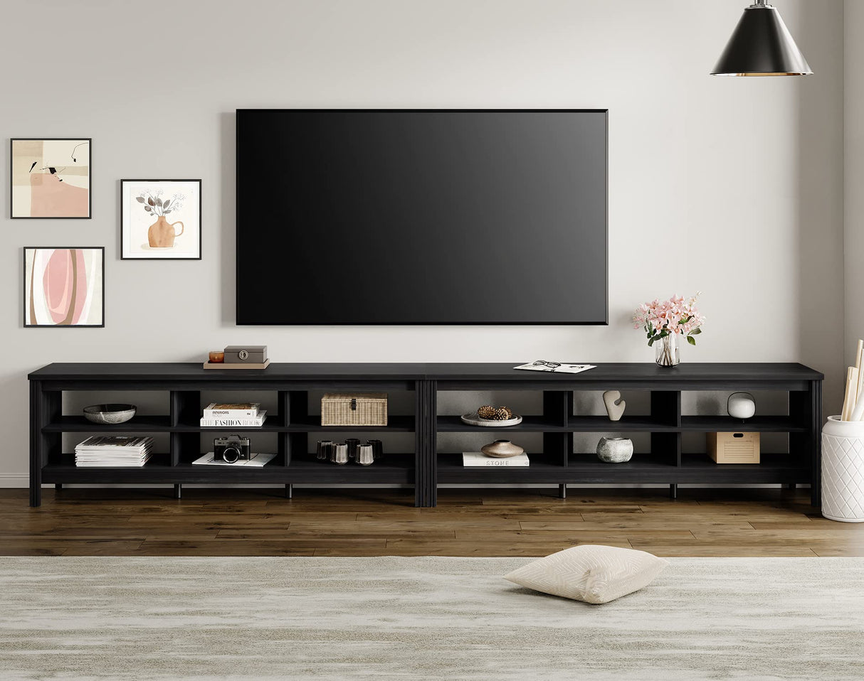 FITUEYES Classic TV Stand for 100 Inch TV, Black Entertainment Center for 80 85 90 inch TV Console Table with 12 Cubby Storage for Living Room Bedroom FITUEYES
