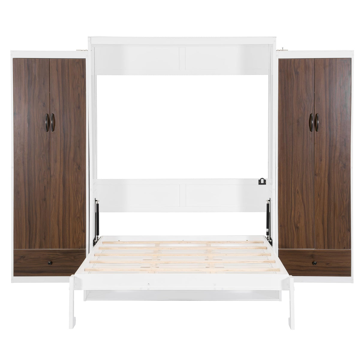 Ball & Cast Murphy Bed Queen Size with Two Side Wardrobes,Hideway Cabinet Bed,Foldable Wall Bed Frame with Led Light,Desk and Drawers for Guest Room,Apartment,Space-Saving,No Box Spring Needed,White Ball & Cast