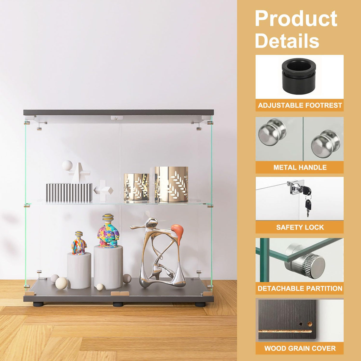 AUCARE Display Cabinet with Glass Doors, Glass Display Cabinet with Lock, 2-Tier Curio Cabinet&Bookcase for Collectibles, Toys, Books, Glass Storage Cabinet, 32" W x 34" H x 14" D AUCARE