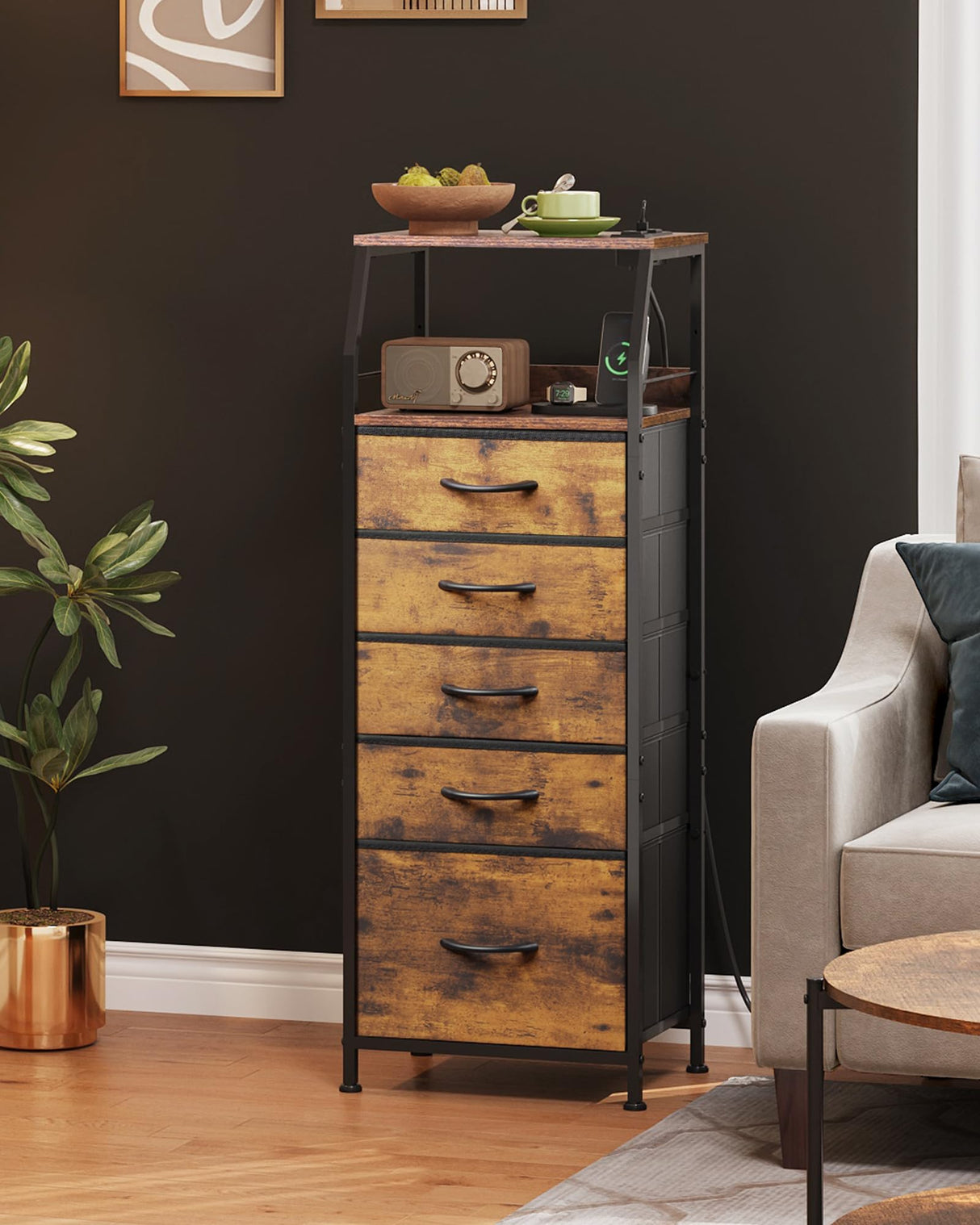 WLIVE LED Nightstand with Charging Station, Fabric Dresser with 5 Drawers for Bedroom, Tall Night Stand with Open Shelves, Bed Side Tables Living Room, Rustic Brown WLIVE