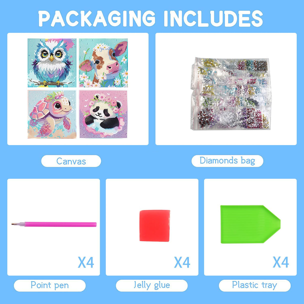 FQOVKYN 4 Packs 5D Cartoon Diamond Art Kits for Kids, Cute Animals DIY Diamond Arts Mosaic Kits for Adults Beginner, Full Round Drill Gem Art for Home Wall Decor Kids Present 6X6 inch FQOVKYN