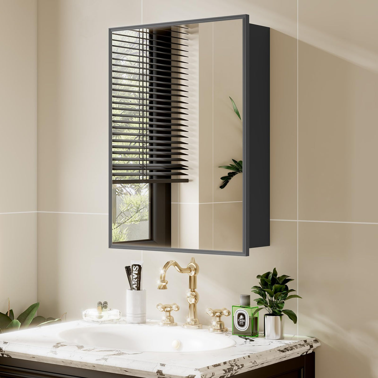 JBLCC Medicine Cabinet with Mirror (Full Assembled), 16''x22'' Aluminum Bathroom Mirror with Storage, Wall Mounted or Recessed Medicine Cabinet, Black JBLCC