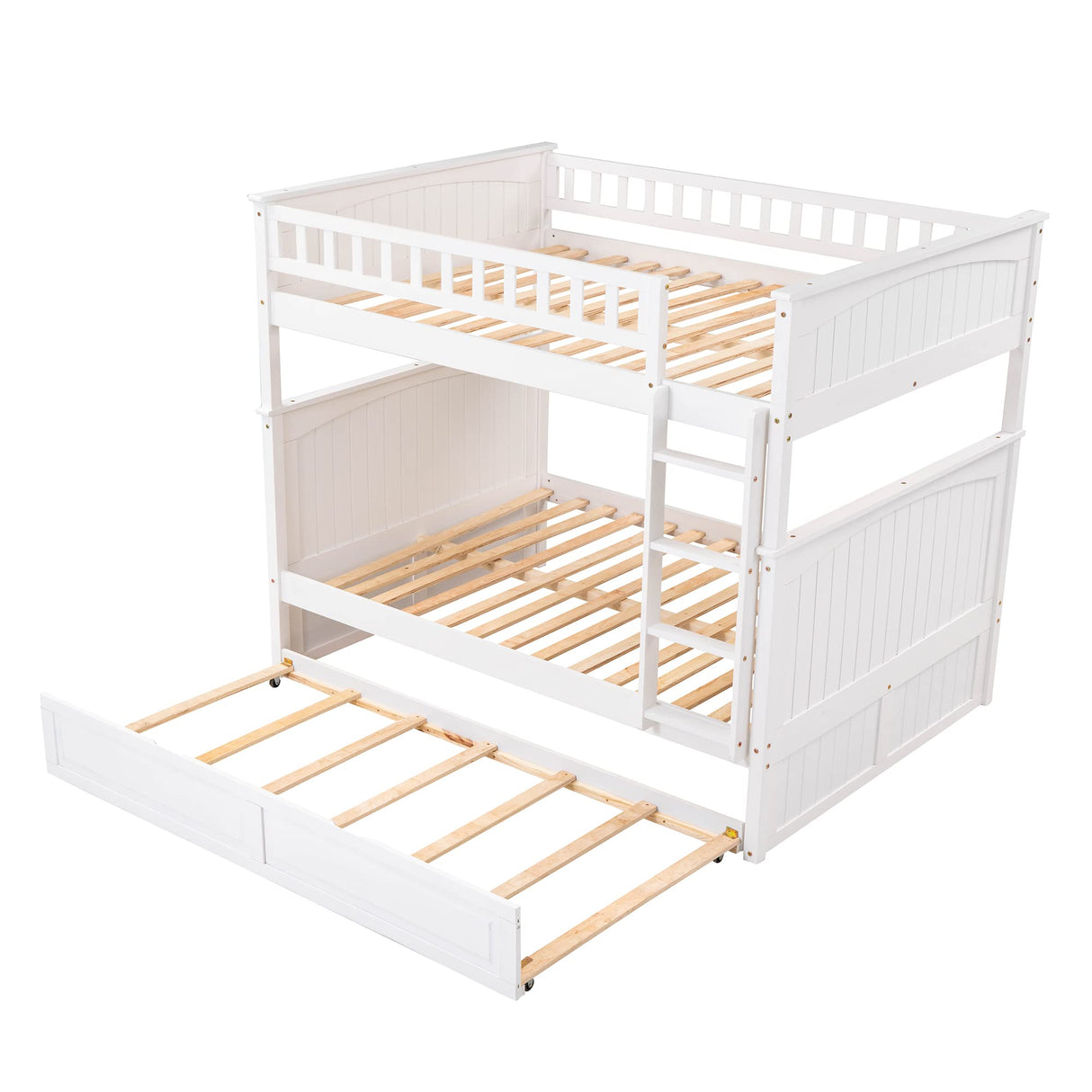 Ball & Cast Full Over Full Bunk Bed with Twin-Size Trundle,Pine Wood Bunkbed w/Stairway and Full-Length Guardrails,Into 2 Individual Beds,Slat Support,Bedframe Furniture for Student Dorms,White Ball & Cast