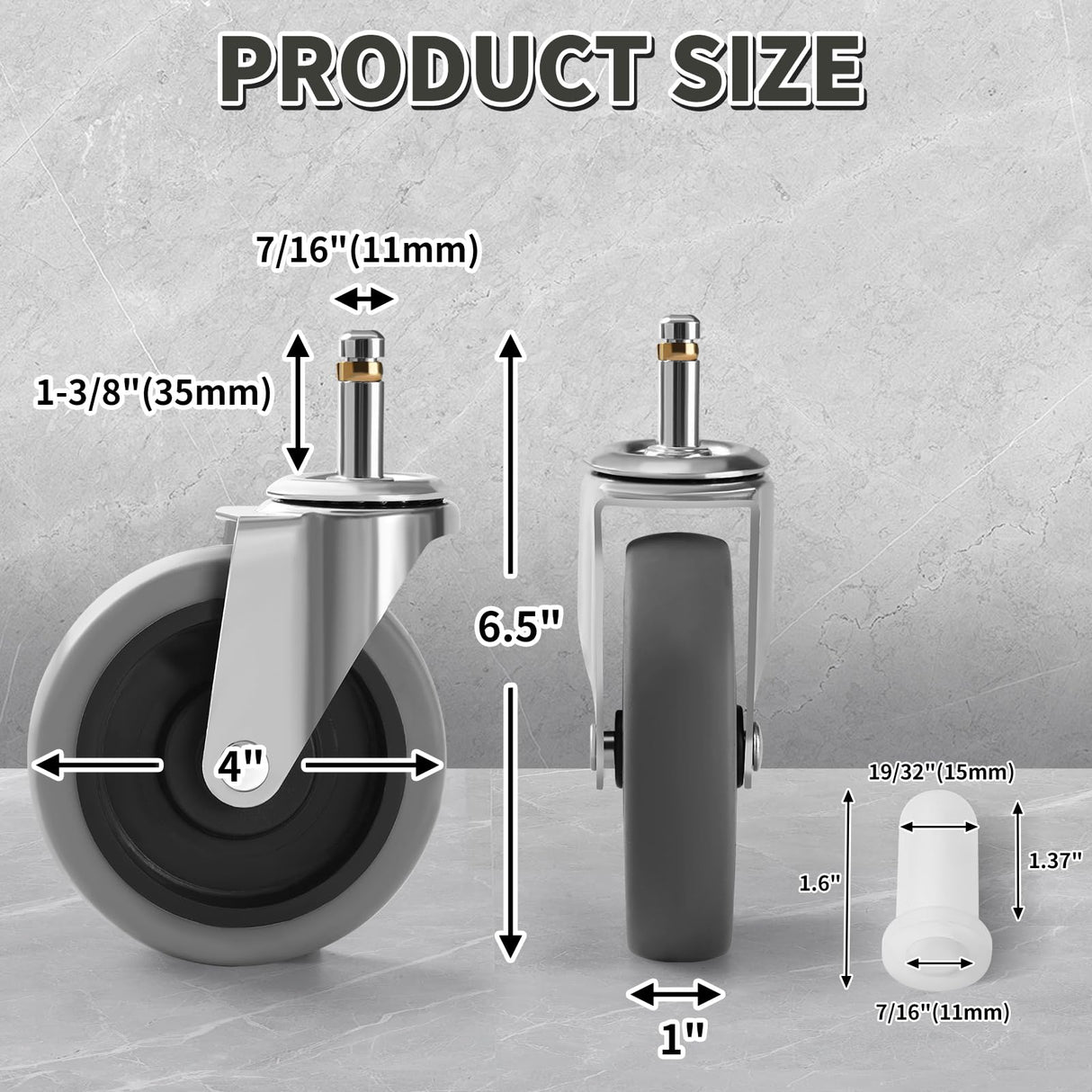 Besitu 4 Inches Stem Caster Wheels, 7/16-Inch Stem Diameter Swivel Casters Set of 4 Heavy Duty TPR Replacement Wheels for Utility Cart Rubbermaid Mop Bucket Shop Vac Weber Grills Besitu