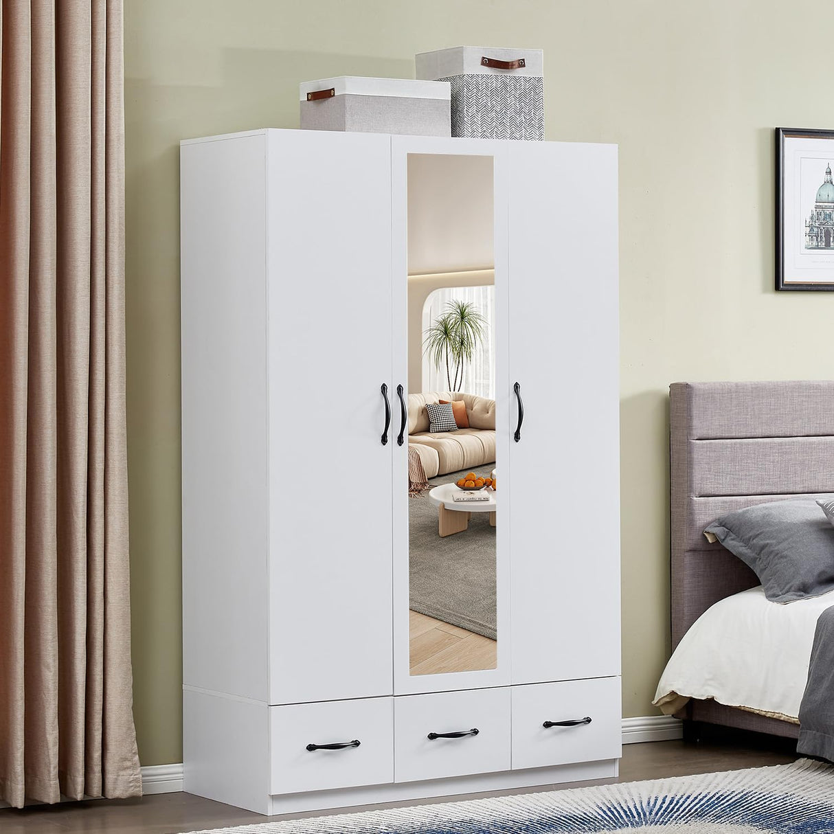 GraceGrove Armoire Wardrobe Closet Mirror, 3 Doors 2 Drawers White Large Capacity Clothing Storage Bedroom Armoires Wardrobe Closet with Hanging Rod 47.3" L x 20.3" W x 74.2" H GraceGrove