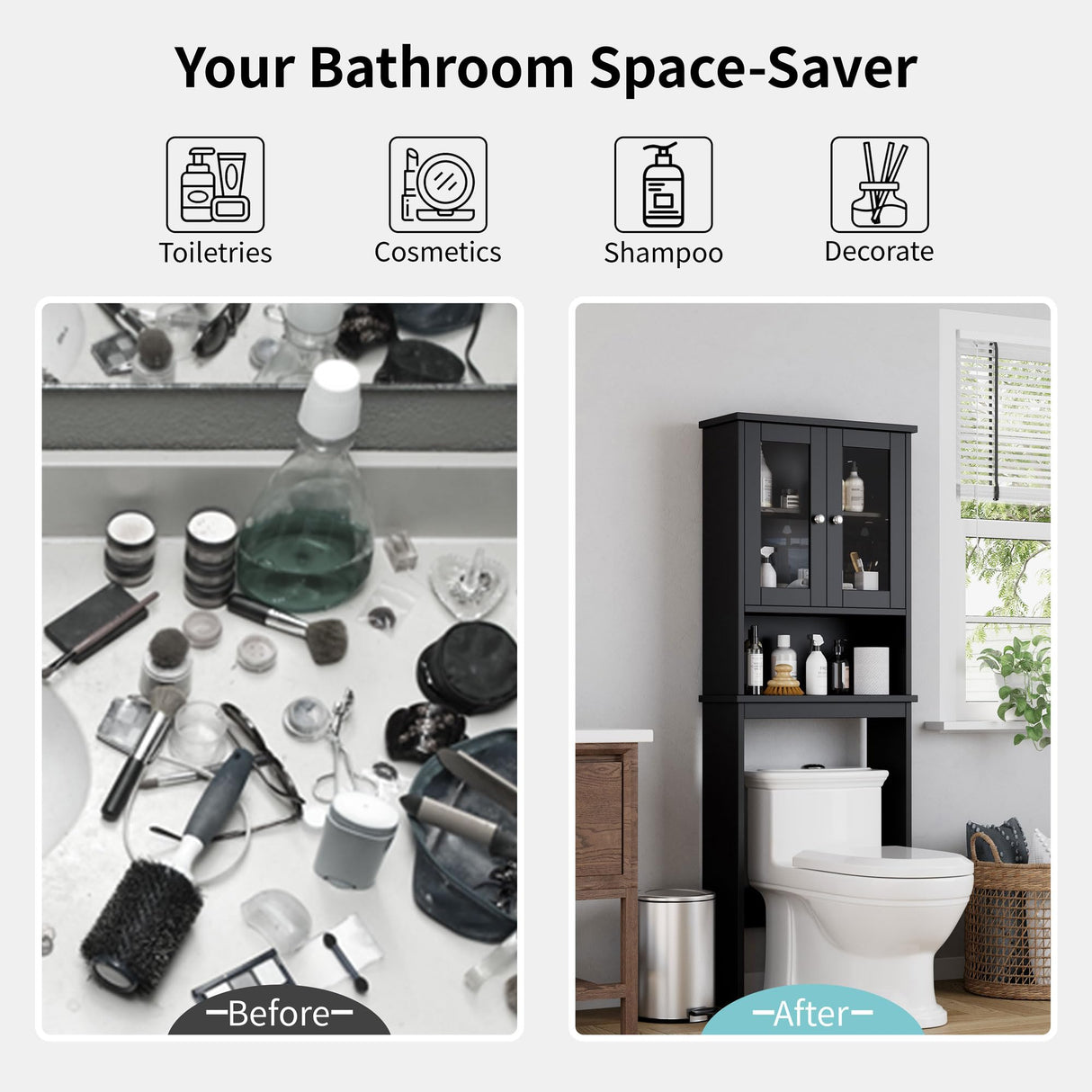 Shintenchi Over The Toilet Storage Cabinet, Bathroom Shelf Organizer with Anti-Tip Device Small Freestanding Space Saver with Adjustable Shelf and Glass Door, Black Shintenchi