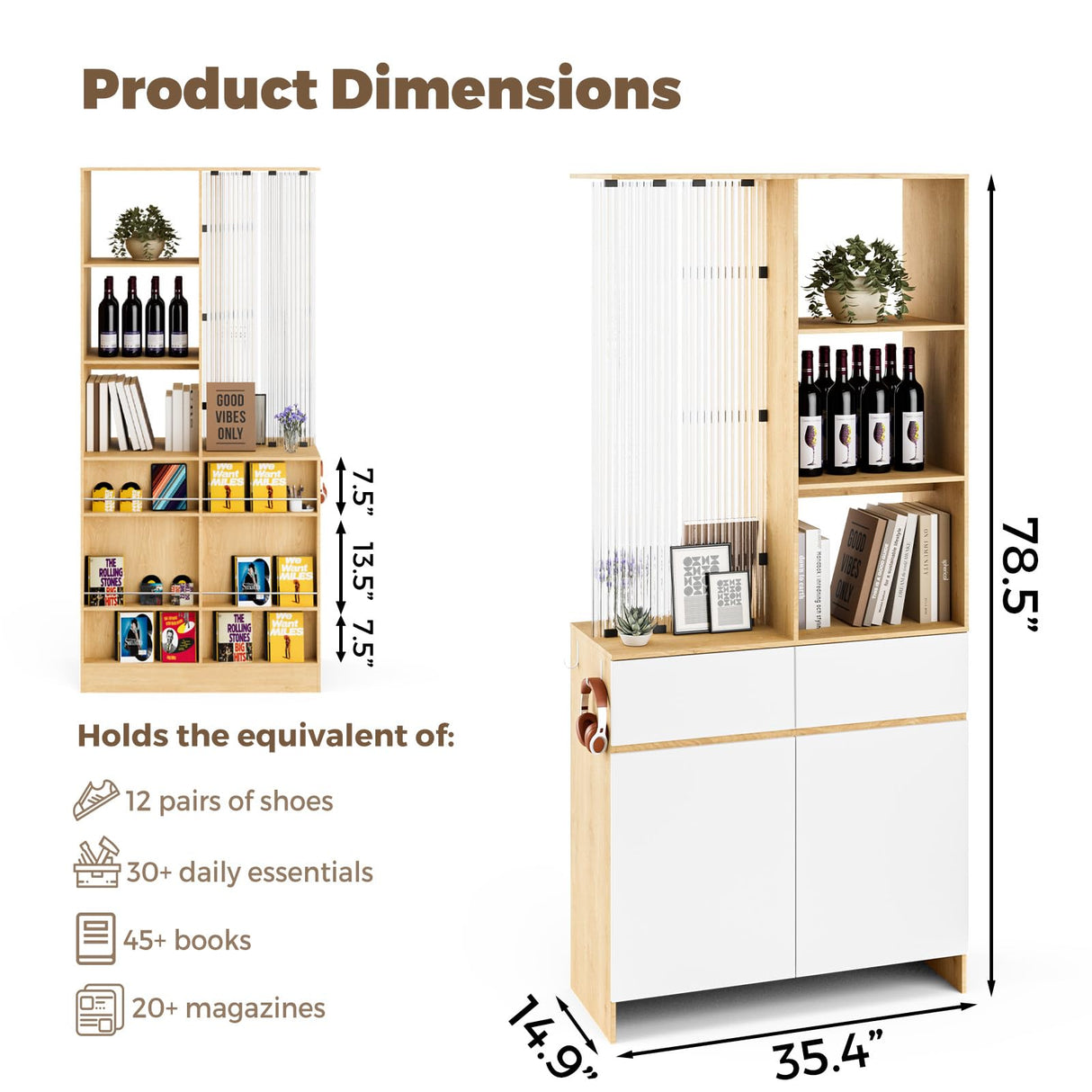 Freestanding Room Divider Cabinet with Storage, Glass & Wooden Book Shelf, Adjustable Shelves Shoe Storage Organizer for Entryway, Living Room, Dining Room, Partition Screen Privacy Wall Divider Kikihouse