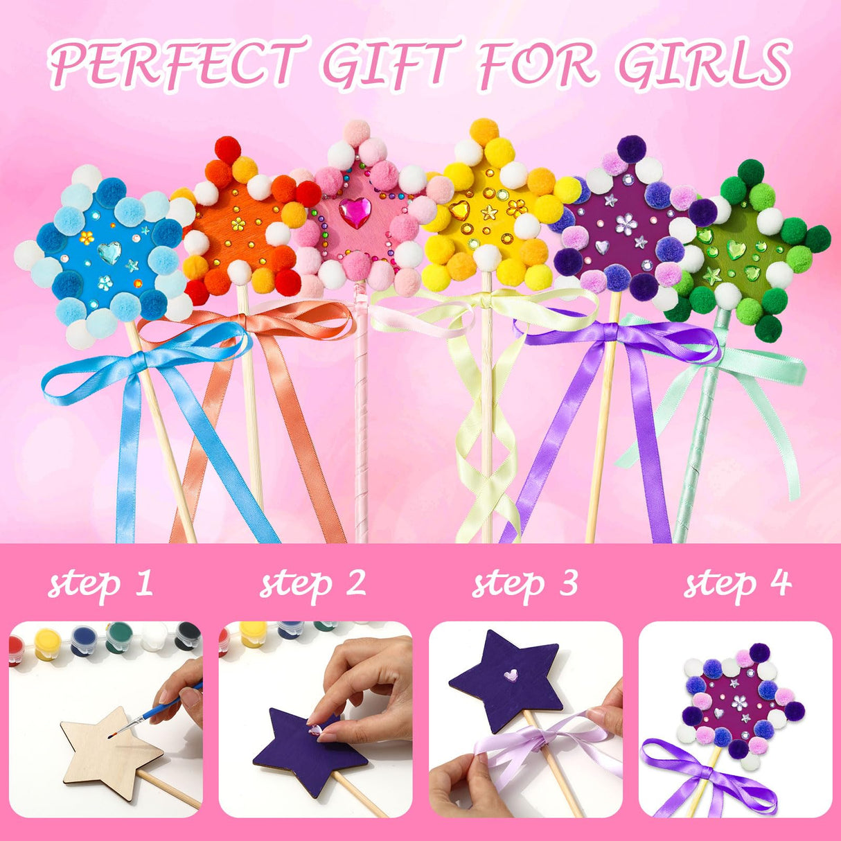 JarThenaAMCS 20 Pcs Princess Fairy Wands Kit Make Your Own Magic Wand Unfinished Wooden Fairy Wands with Ribbons Gem Stickers Felt Ball Paint Brush DIY Art Crafts for Birthday Party Supplies JarThenaAMCS