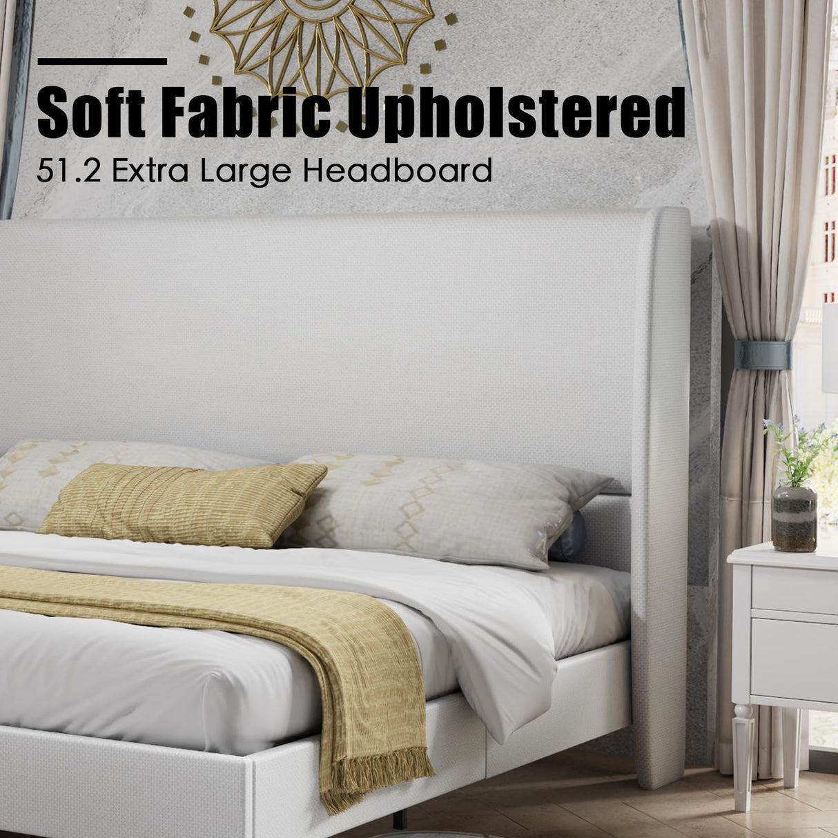 PaPaJet King Platform Bed Frame 51.2" High Headboard Tall Upholstered Bed/No Box Spring Required/Wood Slat Support/Easy Assembly White PaPaJet