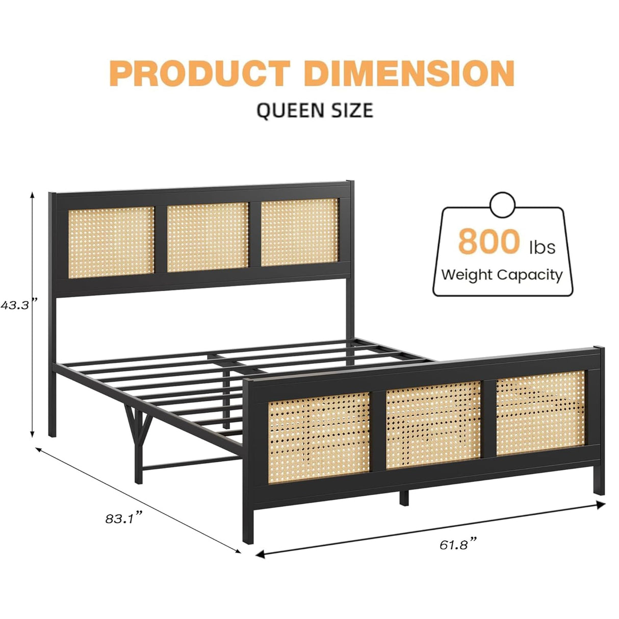 GarveeHome Queen Size Rattan Bed Frame with Headboard, Black Boho Cane Platform Bed Frame with Strong Metal Slat, Noise Free, No Box Spring Needed GarveeHome