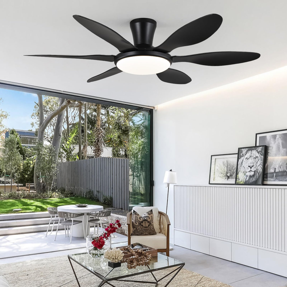 Ceiling Fans with Lights, 51 inch Modern Black Low Profile Ceiling Fan with Light and Remote App Control, Flush Mount, Quiet DC Reversible, Dim Led Ceiling Fan 6 Blade Softer Wind Indoor/Outdoor Patio BayDay